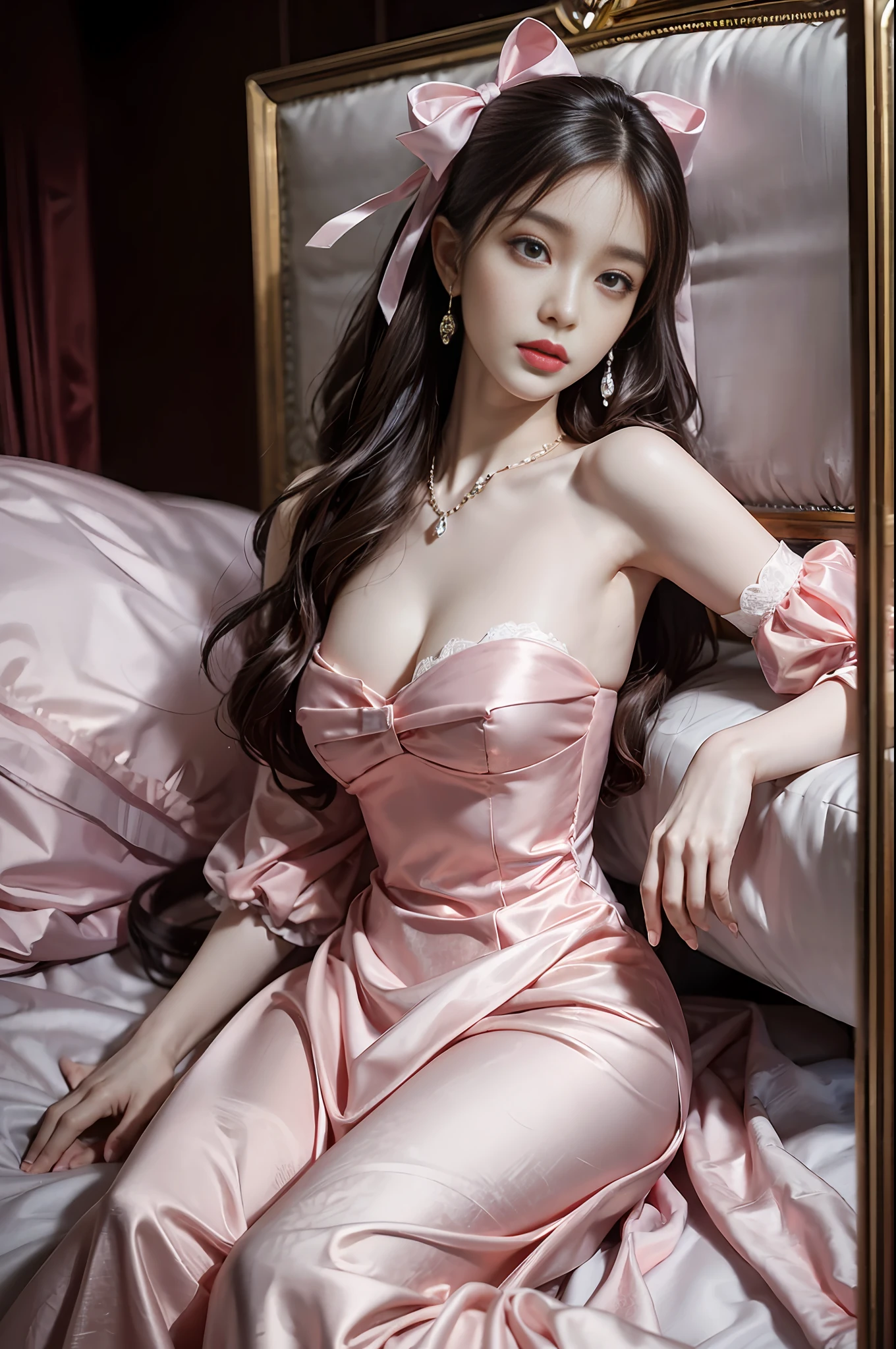 ((Realistic lighting, top quality, 8K, Masterpiece: 1.3)), Clear Focus: 1.2, 1Woman, Perfect Beauty: 1.4, Yushuxin, 1Girl, Dress, Solo, Brunette, Jewelry, Long Hair, Earrings, Bow, Pink Dress, Wood, Nature, Outdoor, Bare Shoulder, Airless Gainsboro, Long Dress, Hair Bow, Forest, Pink Bow,Strapless, Standing, Necklace, Head Tilt, Chapped Lips, Wavy Hair, Strapless Dress,Lace Sleeves, cetin dress,close-up woman in pink dress posing for photo,beautiful virgin,beautiful korean woman, beautiful princess, cute elegant pose, bell delphine, wearing pink dress, beautiful fantasy maiden, anime princess, beautiful seductive anime woman,beautiful asian girl, attractive anime girl, elegant glamorous cosplay,(lying on bed:1.8),(beautiful orb-articulated doll:1.3),luxurious princess dress