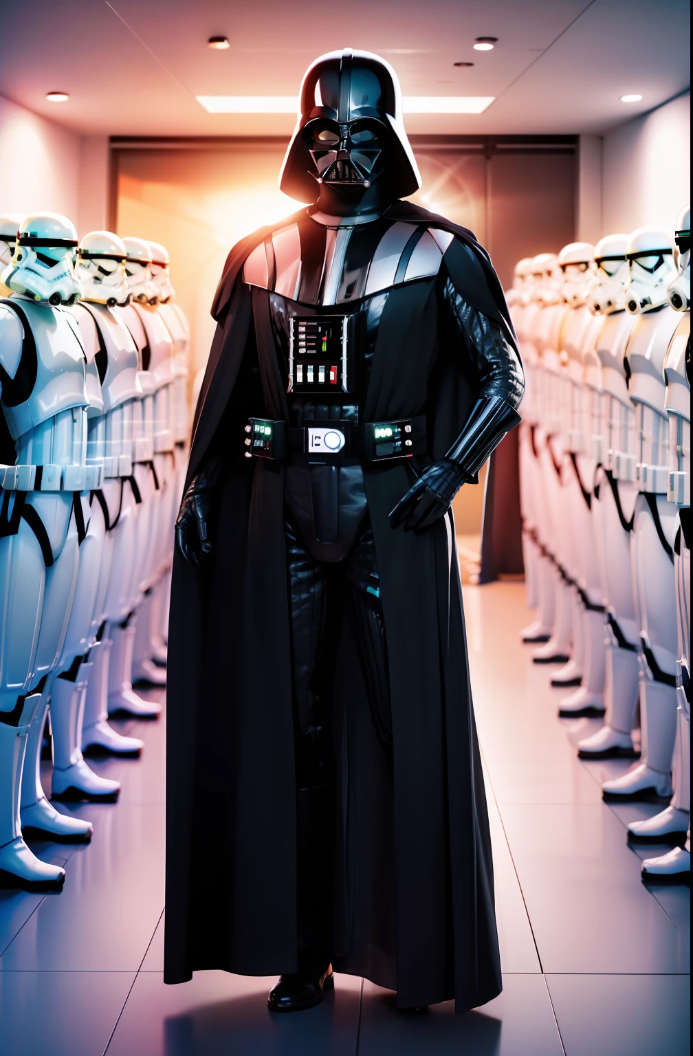 darth vader standing in front of a group of storm troopers in a Starship,
Black_outfit,hood, hood_up, boots, darth vader helmet,cape,armor, shoulder armor, armored boots,  
darth vader,
1 Man, looking at viewer,(closed mouth:1.0),
NSFW,official art,extremely detailed CG unity 8k wallpaper, perfect lighting,Colorful, Bright_Front_face_Lighting,
(masterpiece:1.0),(best_quality:1.0), ultra high res,4K,ultra-detailed,
photography, 8K, HDR, highres, absurdres:1.2, Kodak portra 400, film grain, blurry background, bokeh:1.2, lens flare, (vibrant_color:1.2)