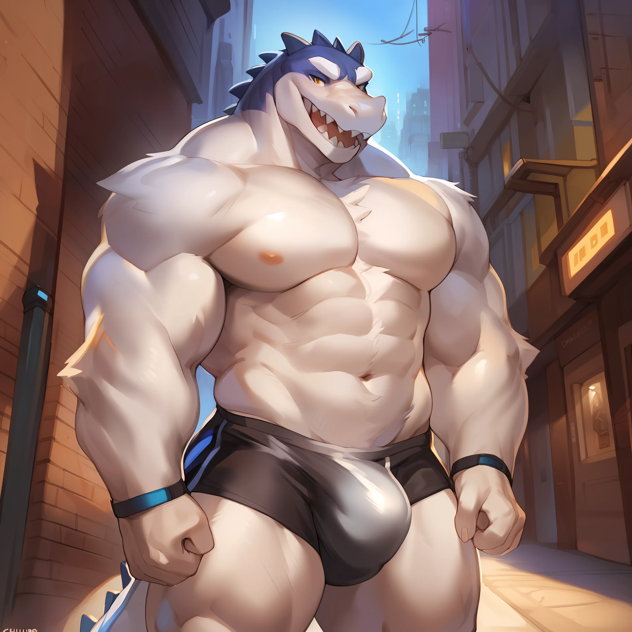 Solo, male, alligator, long snout, sharp teeth, fangs, thick face, wide face, broad shoulders, muscular, buff, strong, tall, giant, massive, enormous, gigantic, big biceps, big pecs, detailed crotch, massive bulge, by darkgem, by mystikfox61, by chunie, by Vader-san, looking at viewer, shadowy, dramatic, city, alleyway, white spacesuit, by bebebebebebe, by buta99, by con5710, by diadorin, by spikedmauler, by glitter trap boy