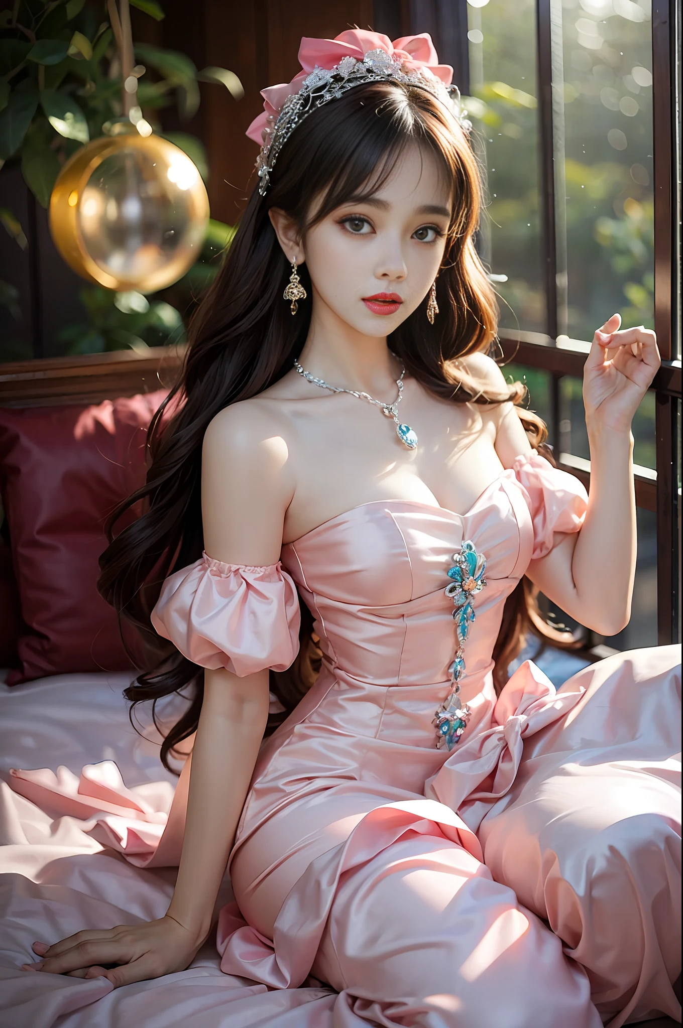 ((Realistic lighting, top quality, 8K, Masterpiece: 1.3)), Clear Focus: 1.2, 1Woman, Perfect Beauty: 1.4, Yushuxin, 1Girl, Dress, Solo, Brunette, Jewelry, Long Hair, Earrings, Bow, Pink Dress, Wood, Nature, Outdoor, Bare Shoulder, Airless Gainsboro, Long Dress, Hair Bow, Forest, Pink Bow,Strapless, Standing, Necklace, Head Tilt, Chapped Lips, Wavy Hair, Strapless Dress,Lace Sleeves, cetin dress,close-up woman in pink dress posing for photo,beautiful virgin,beautiful korean woman, beautiful princess, cute elegant pose, bell delphine, wearing pink dress, beautiful fantasy maiden, anime princess, beautiful seductive anime woman,beautiful asian girl, attractive anime girl, elegant glamorous cosplay,(lying on bed:1.8),(beautiful orb-articulated doll:1.3),luxurious princess dress