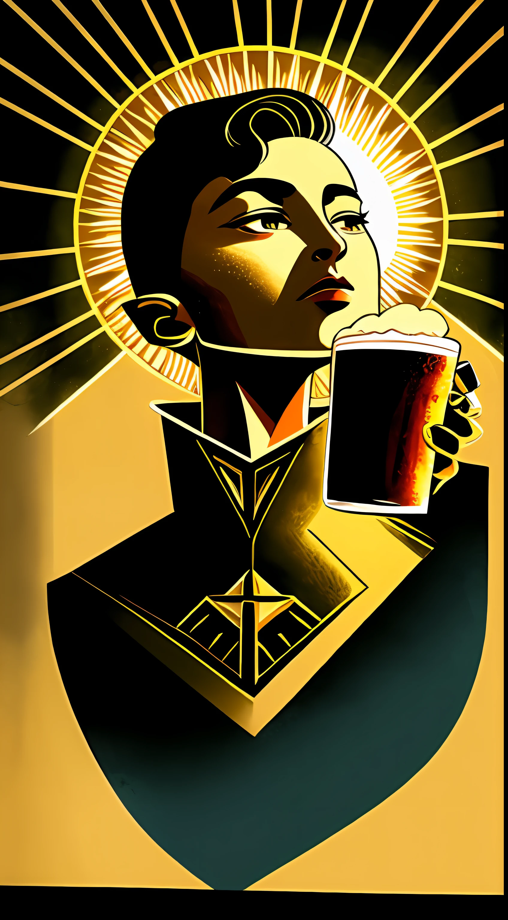 （a masterpiece of，4K，hyper detailled，OriginalPhoto：1.2），illstration，
（beer mug：1），（the number of persons：0），
（simplebackground，Bronzed and black background：1.4），
（symetry：1.2），
（art-deco：1.4），
（retro-futuristic：1.4），
（Maximalism：1.4），
（Cleanliness：1.4），
（Flat_color：1.4），
（sun beam：1.4），
CCDDA art style