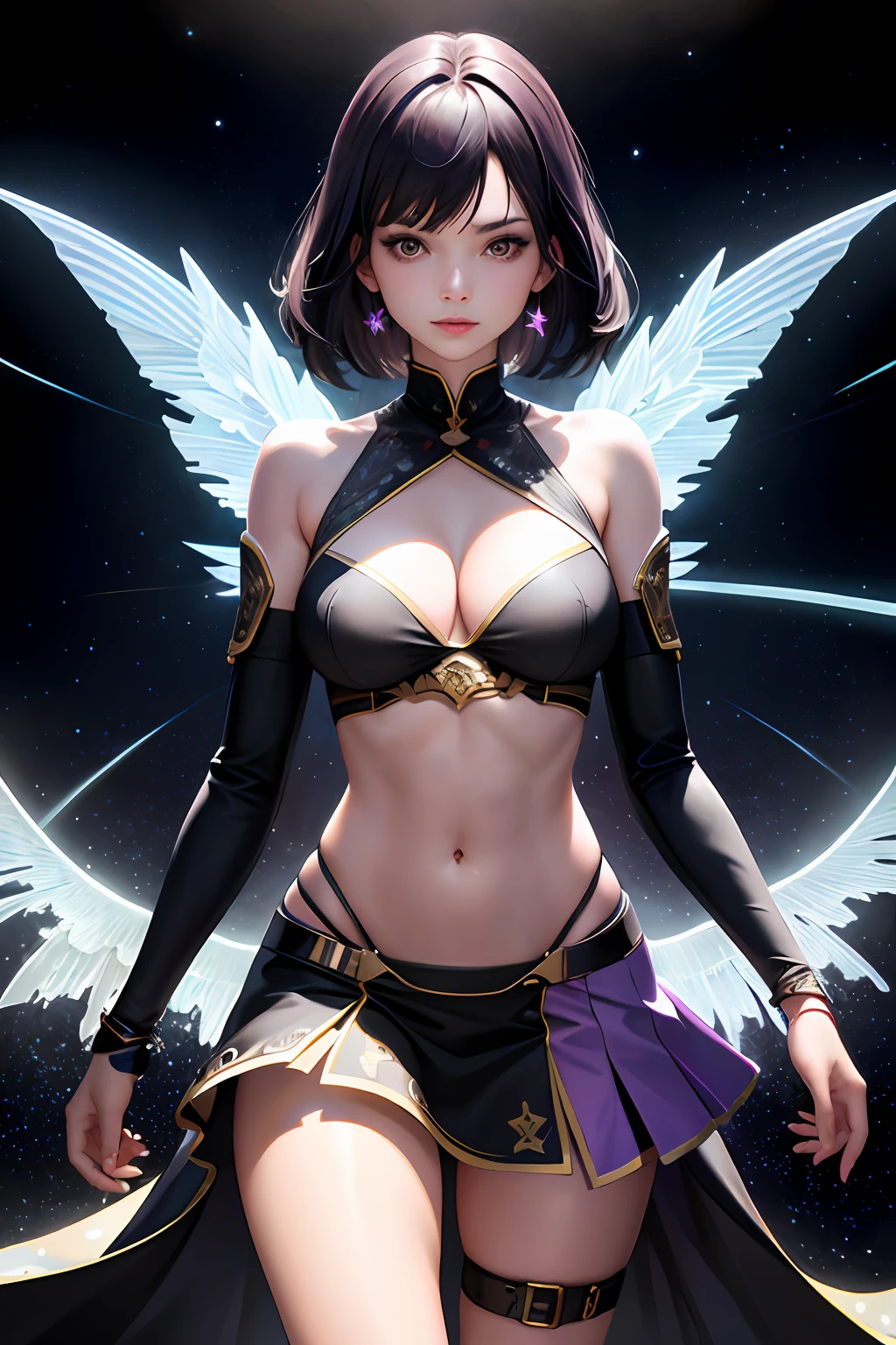 stunningly beautiful Alina Kabaeva face whit Lisa Ann body in her 20 as a pure white and very cute Eagle beast woman, black rubber suit, tattoos,White long wavy hair, sparkling gold big eyes, abs, great proportions, full body shot, background kaleidoscope, anime, illustration, fantasy, portrait, animification, high resolution, best quality, very high image quality, ultra detailed, hyper realistic, photorealistic