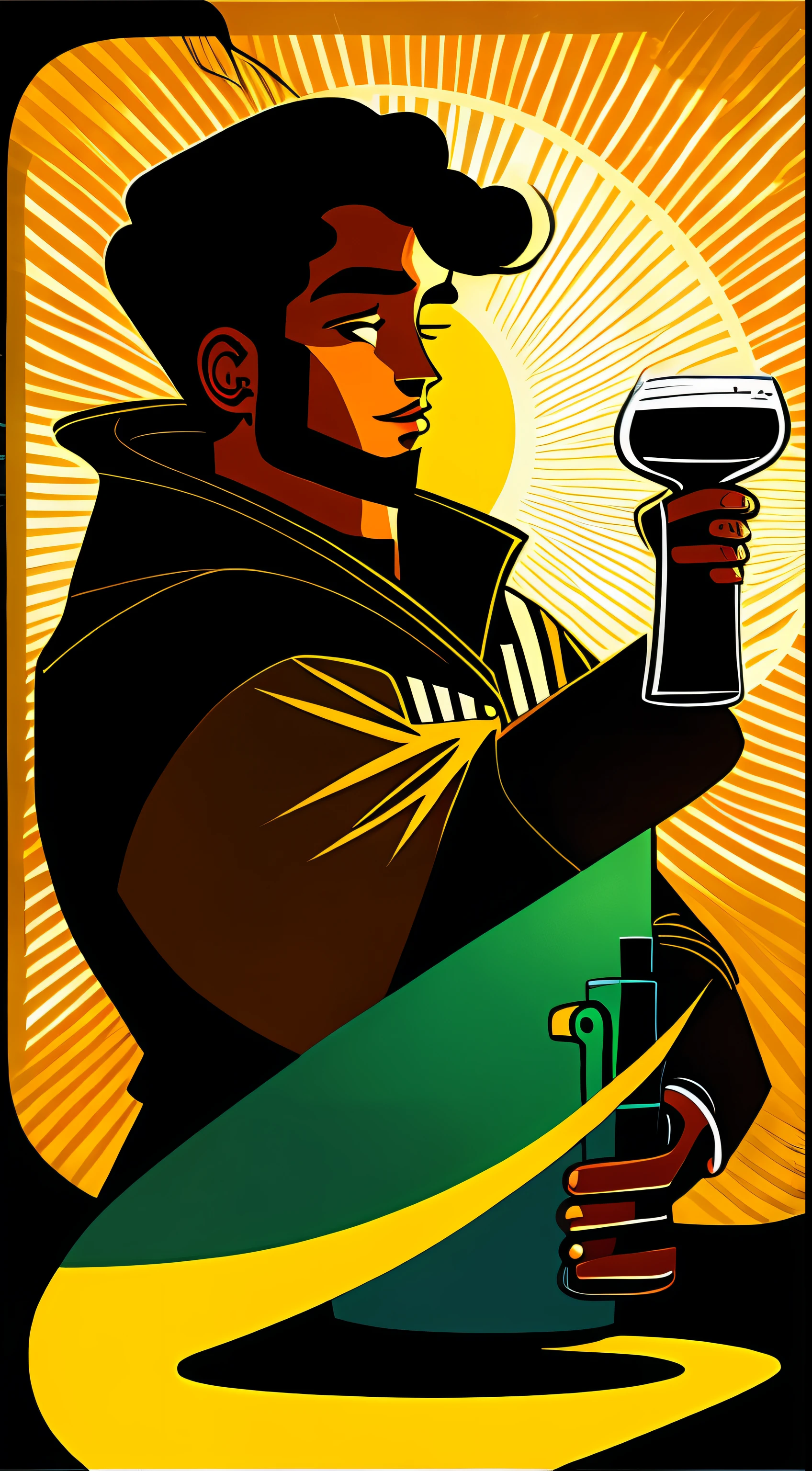 （a masterpiece of，4K，hyper detailled，OriginalPhoto：1.2），illstration，
（beer mug：1），
（simplebackground，Bronzed and black background：1.4），
（symetry：1.2），
（art-deco：1.4），
（retro-futuristic：1.4），
（Maximalism：1.4），
（Cleanliness：1.4），
（Flat_color：1.4），
（sun beam：1.4），
CCDDA art style