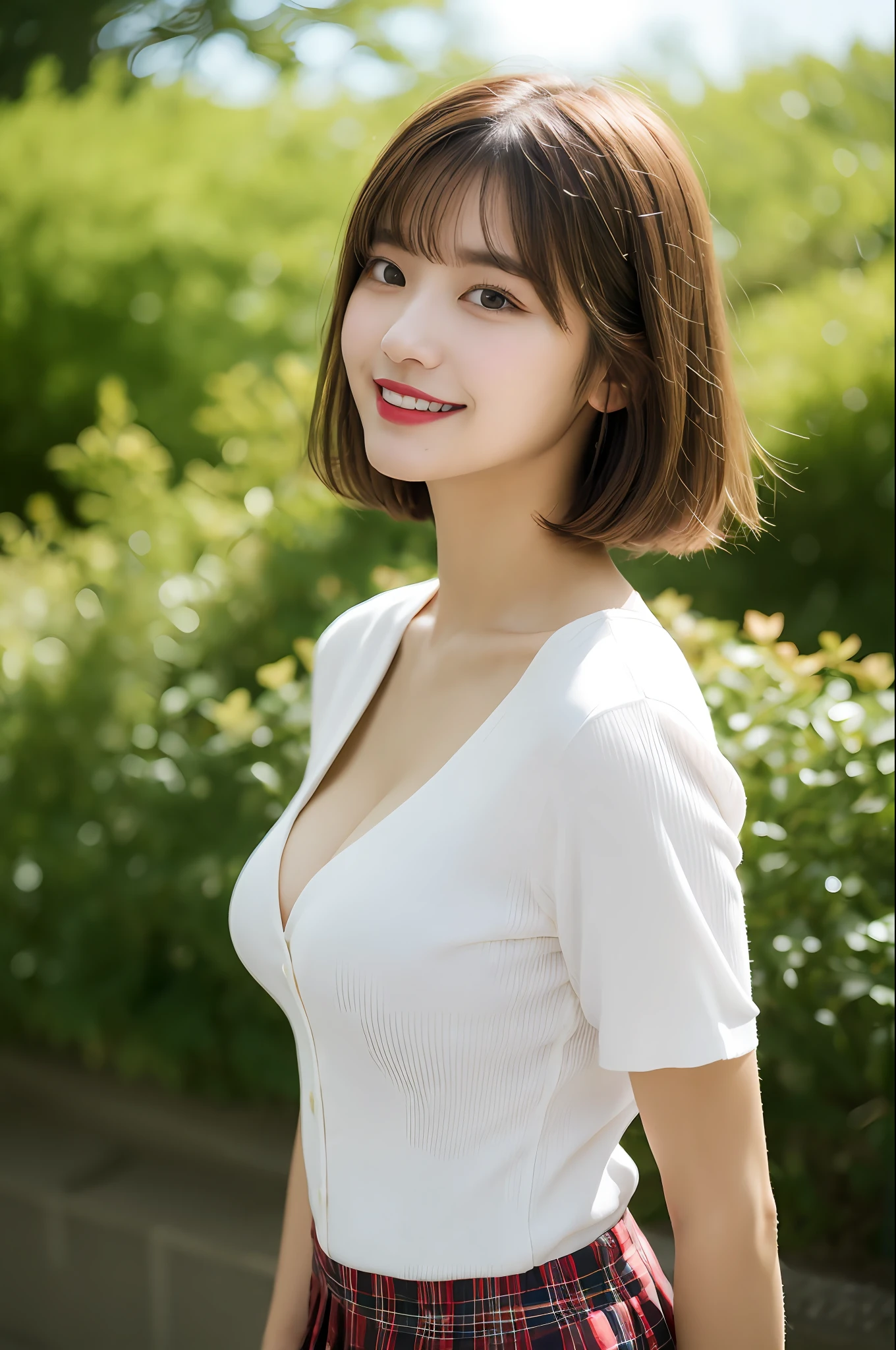 nsfw, 8K raw photo, Best quality, masterpiece, ultra high res, film grain, filmg, 1girl, looking at viewer, natural skin texture, realistic eye and face details, full lips, lipstick, (makeup), red eyeshadow, fluffy short hair, messy hair, smile, close mouth, beautiful legs, tall female, skinny, slim_legs, solo, enormous breast, cleavage, Pose with buttocks facing you, ultra short skirt, ass, shirt, beautiful nature location, around flower location, (detailed background), plaid skirt, white shirt, enormous breast, cleavage, Show a little cleavage through the shirt, loafers, blurry background, blurry, holding, plaid, short sleeves, jk ribbon on the neck, jk ribbon, brown hair, bracelet, water, bangs, school uniform, jewelry, parted lips, lips, from side, pleated skirt, depth of field