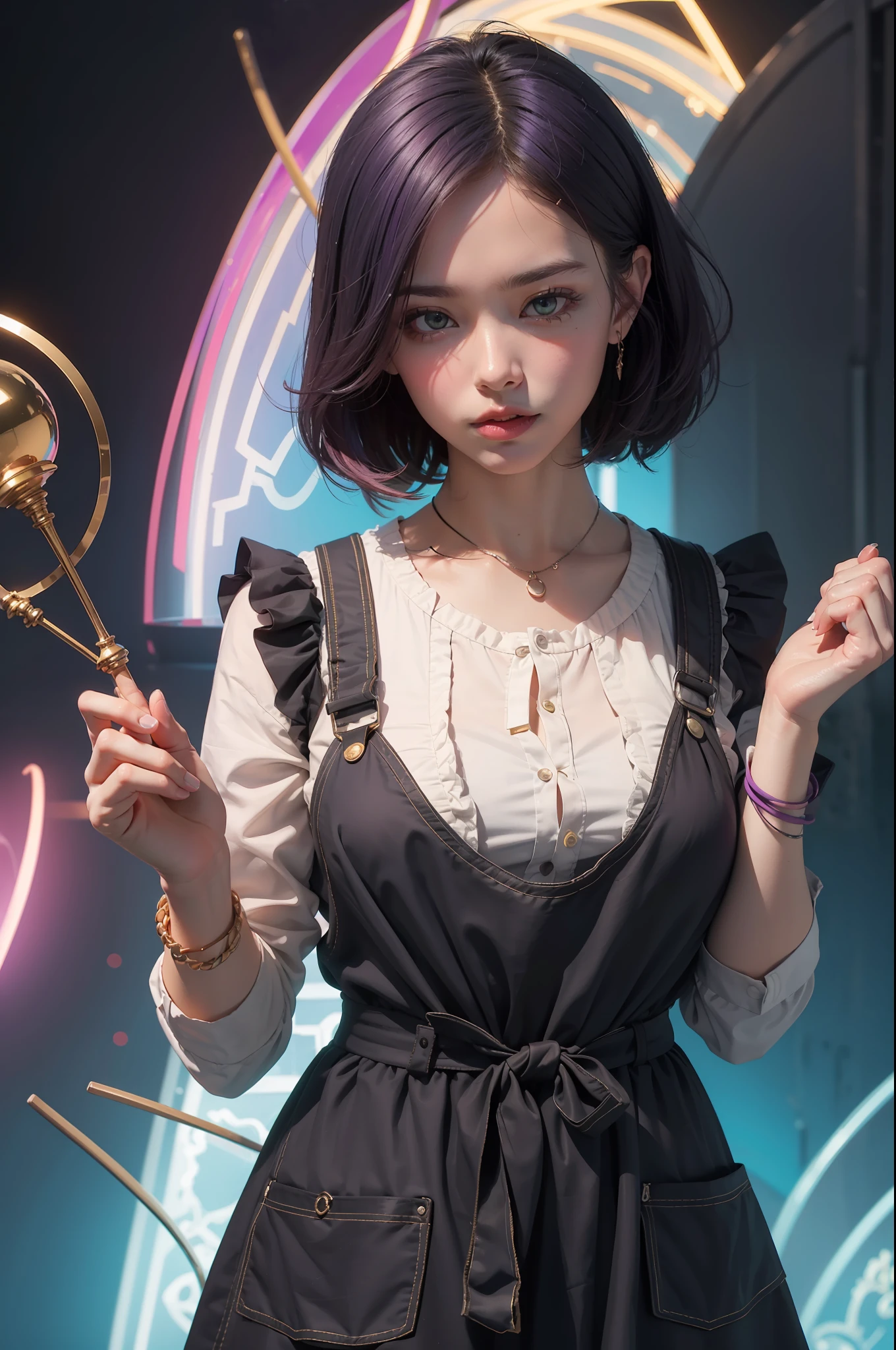 concept art, overhead angle of a Will-o'-the-wisp, wearing Funny Somali Emerald deep orange Pinafore, Caramel hair styled as Short hair, fluorescent purple Hair tie, equirectangular 360, Highres,  [(art by Willi Baumeister:1.1), (art by John T. Biggers:1.2)::17], official art, unity 8k wallpaper, ultra detailed, aesthetic, masterpiece, best quality, photorealistic