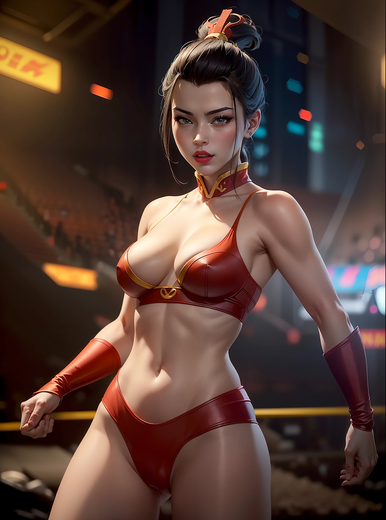 masterpiece, (realistic, photo-realistic:1.37), (22 years old Azula), (cyberpunk:1.3), nsfw, medium breast, small waist, hair glamour, beautiful face, perfect illumination, beautiful detailed eyes,looking at viewer, stunningly beautiful woman, detailed hairstyle, detailed background, (firebending:1.2), (fighting in an arena:1.3), ((lipstick, makeup, ponytail, topknot))