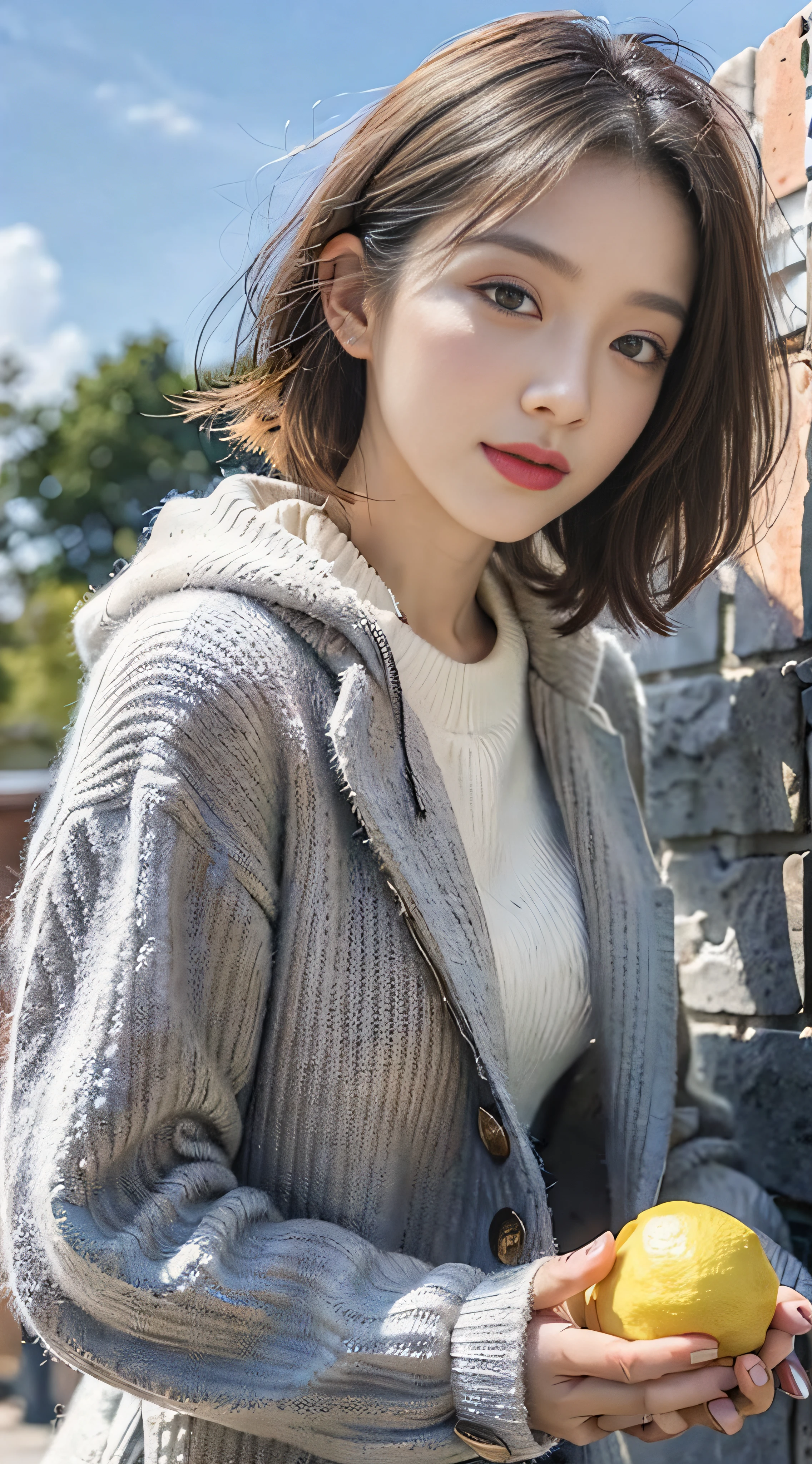 Gray sweater，Burgundy leather coat，Gray hair，Ethereal atmosphere，lemon，lemon juice，Sunny with blue sky，beautiful cloud