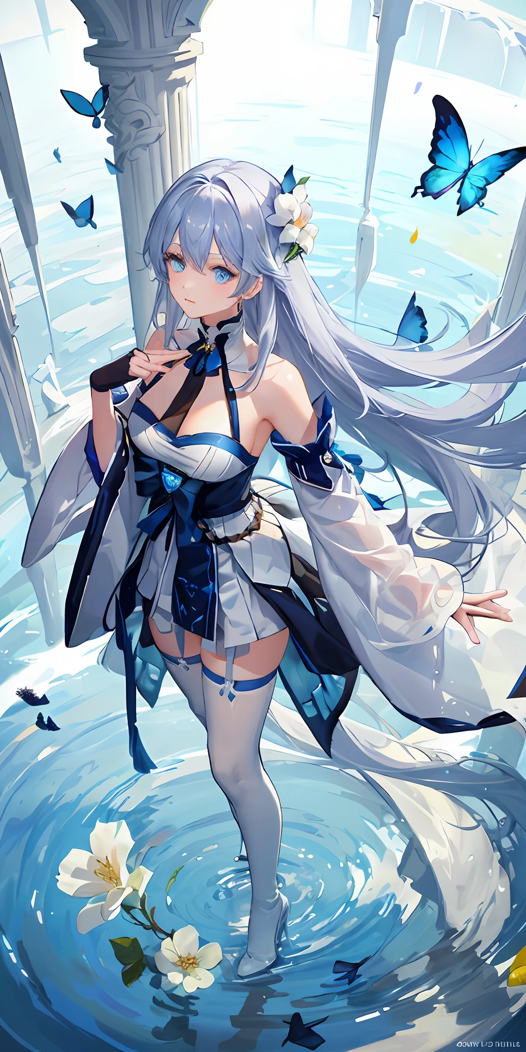 (Overhead view),dynamic angle,ultra-detailed, illustration, close-up, straight on, 1girl, (fantasy:1.4), (azure blue eyes:1.233),Her eyes shone like dreamy stars,(glowing eyes:1.233),(beautiful and detailed eyes:1.1),(Silver hair:1.14),(messy hair,very long hair,french braid,hair between eyes,sidelocks), (+(bule hair flower:1.14)),(chiffon dress,bule flower pattern in uniform)/=(military uniform:1.24),(detached sleeves,wide sleeves),(fingerless gloves),choker,(miko thighhighs),High heeled boots,(expressionless,closed mouth),(standing), (classical Princess boudoir with dressing tableand french windowin a white ancient palaces),(white flowers,bloom),(abysmal sea),(flowing water),(a dull blue world tree:1.14),(ruins),(night:1.2),dreamy,soul,(fluorescence),(flying translucent blue butterflies:1.15), [[delicate fingers and hands:0.55]::0.85],(detail fingers),(yubao:0.5),