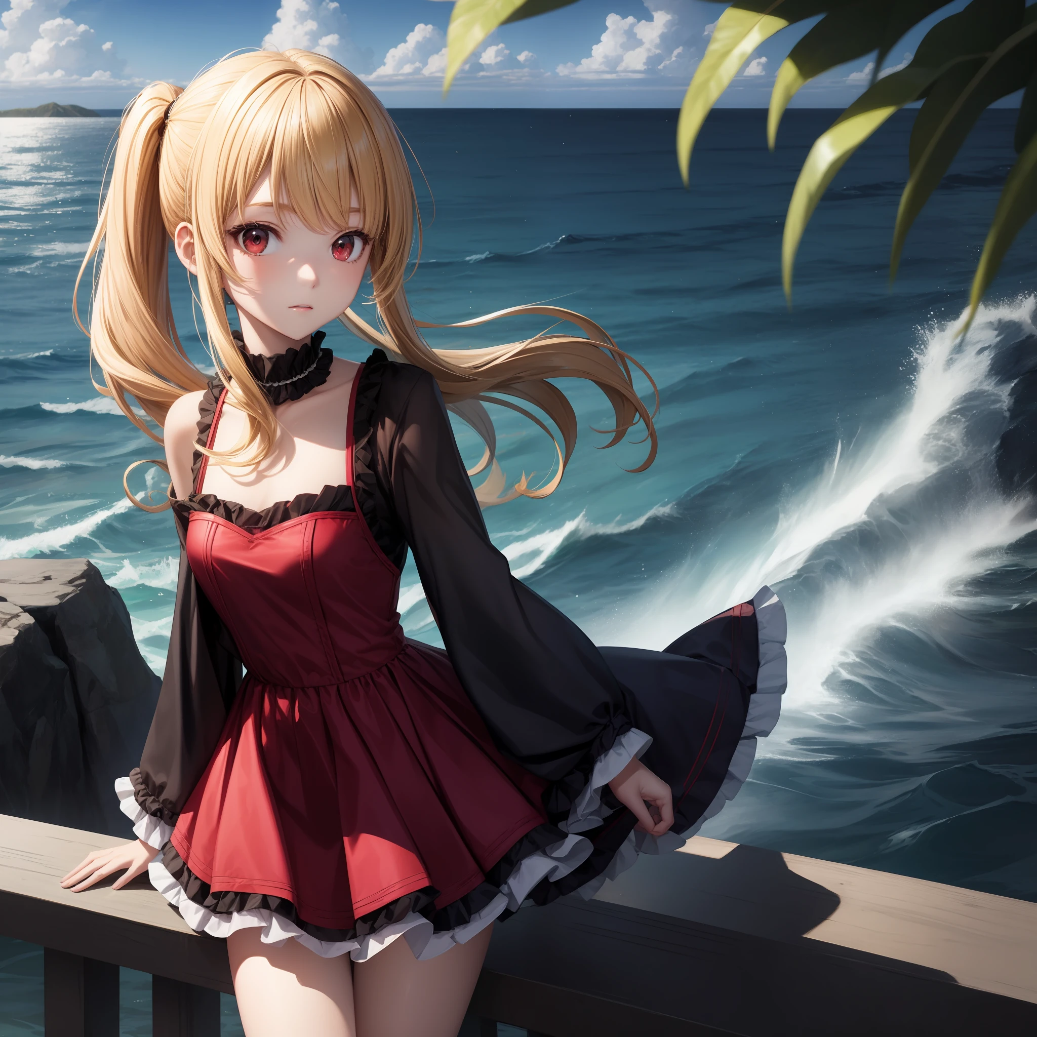 animated cartoon、One blonde girl with red eyes、Clothes with frills、poneyTail、the ocean