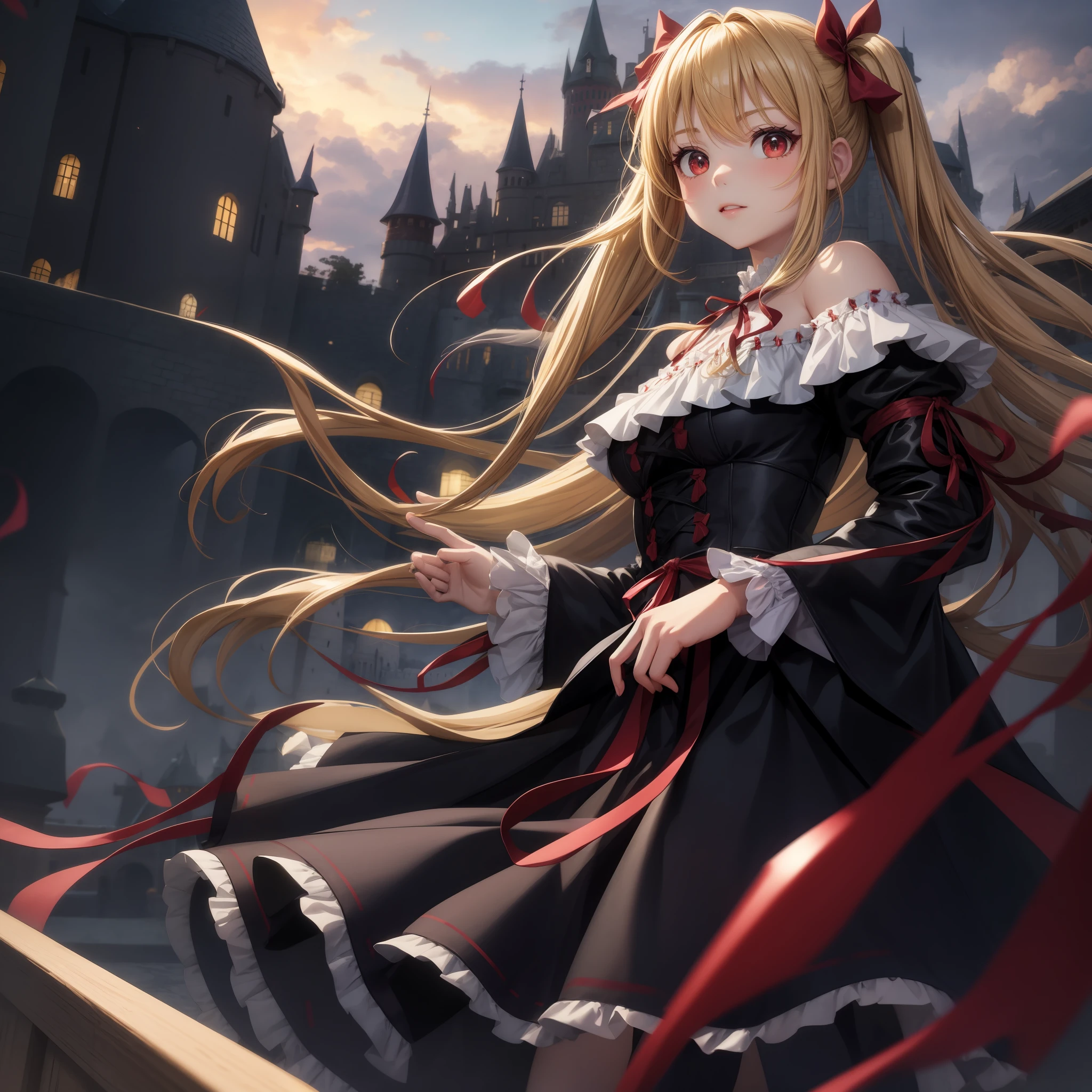 animated cartoon、One blonde girl with red eyes、Clothes with frills、poneyTail、Red ribbons、the castle