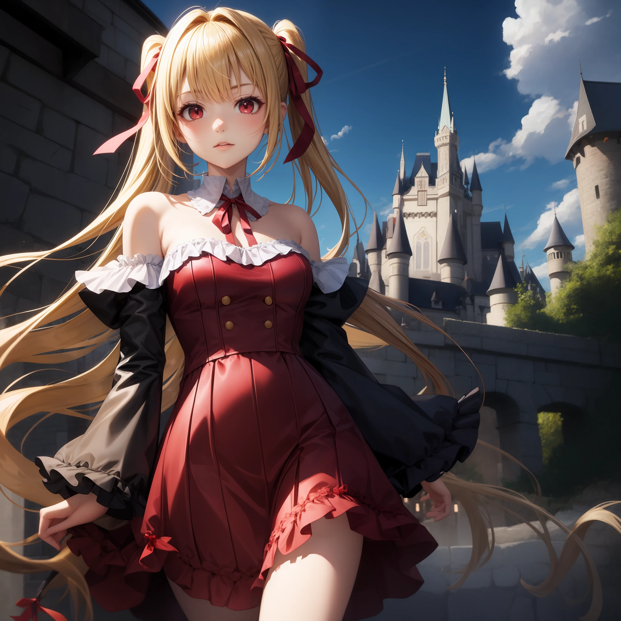 animated cartoon、One blonde girl with red eyes、Clothes with frills、poneyTail、Red ribbons、the castle
