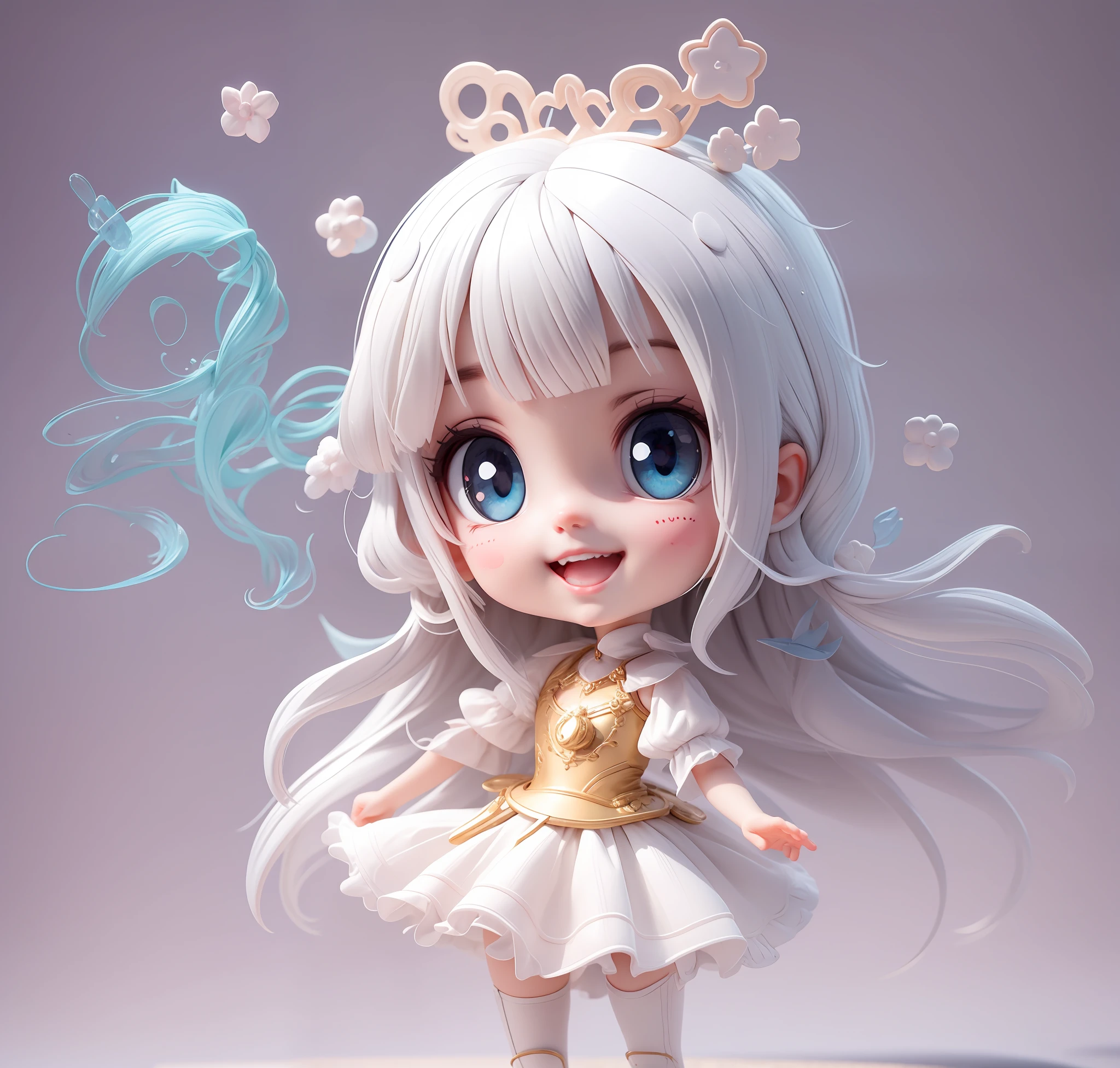 (巨作), (Best quality), (Super detailed), (Full body: 1.2), 1 Girl, Chibi T-Shi, kawaii, Smile, heavenly road, Angel Cosplay, Blushing, 3, Long hair, Angel wings, Blurred, White hair, Blush Sticker, bangs, angel ring on head (Beautiful detailed face), (Beautiful detailed eyes), Full body display, Being in a Magic Circle,