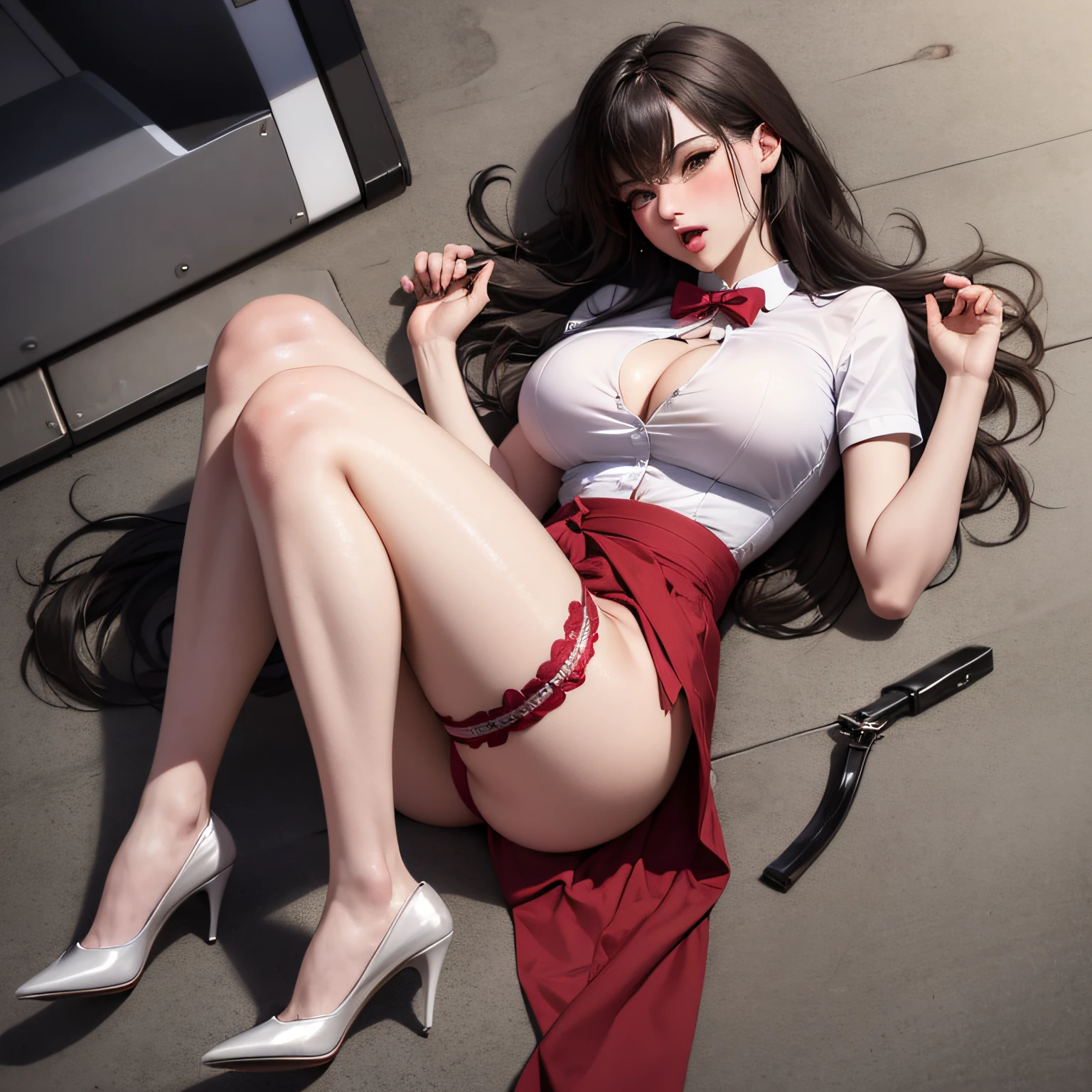 There was a young girl lying on the ground,Spread your thighs,Grab your chest with both hands,full blush,put out the tongue,saliva,fishnet stockings,dual horsetail,18-year-old girl,high heels,A big-breasted,big breasts thin waist,Fat buttocks,rolling her eyes,no underwear on --auto