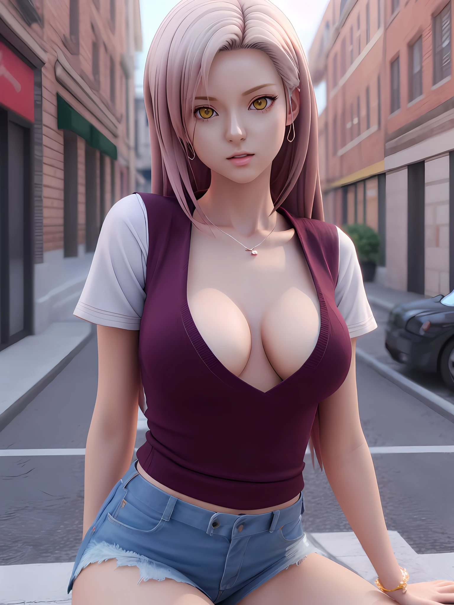 Chica de anime con pecho grande sentada en una repisa en una ciudad, Estilo realista de anime 3D, Anime hiperrealista, Anime CG arte suave, Anime 3D realista, Anime muy detallado, Render fotorrealista de Anime Girl, Androide 18, Anime fotorrealista, Cuerpo perfecto sombreado realista, seductora chica de anime, realistic anime artstyle, Estilo de realismo de anime, Imagen ultra realista