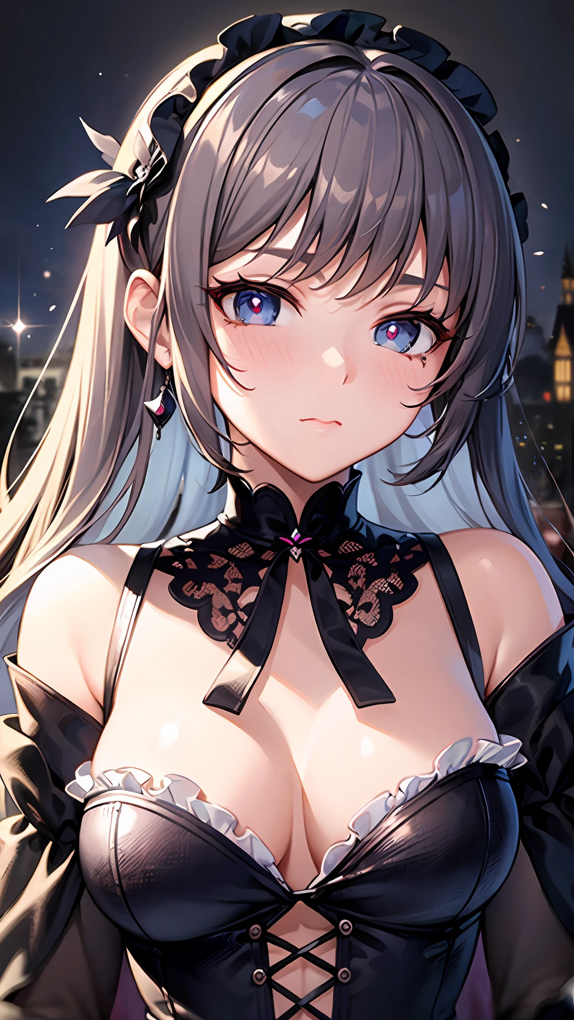 Close up portrait of woman in dress in white and black dress、Gothic Otome anime girl、anime girl wearing a black dress、Cute anime waifu in a nice dress、Anime girl in maid costume、Elegant Gothic princess、guweiz、Gwaits at Pixiv Art Station、Gwaitz at Art Station pixiv、beautiful anime girl、red blush