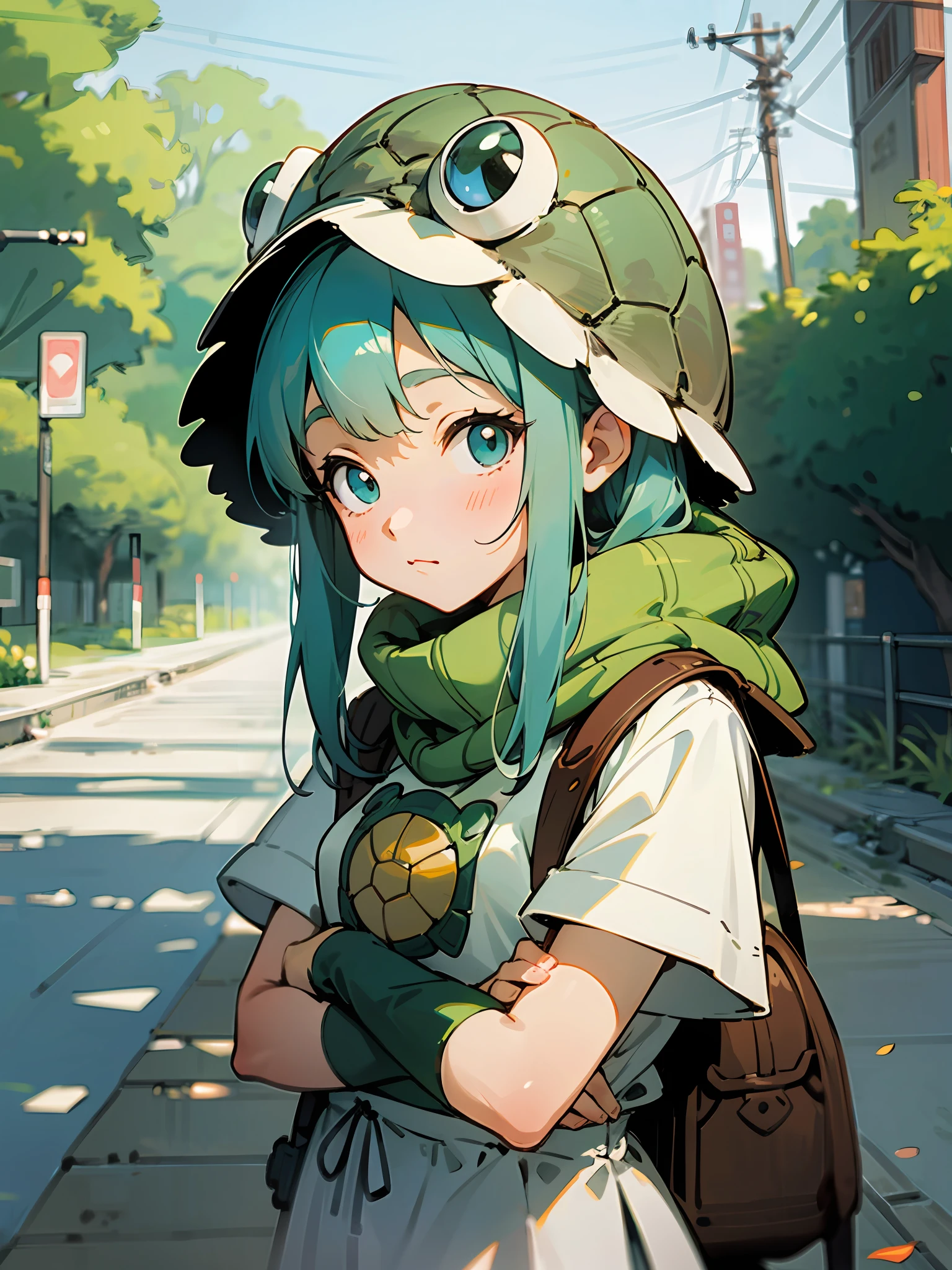 anime girl, turtle accessories,studio ghibli,turtle shell hat, shy girl --auto --s2