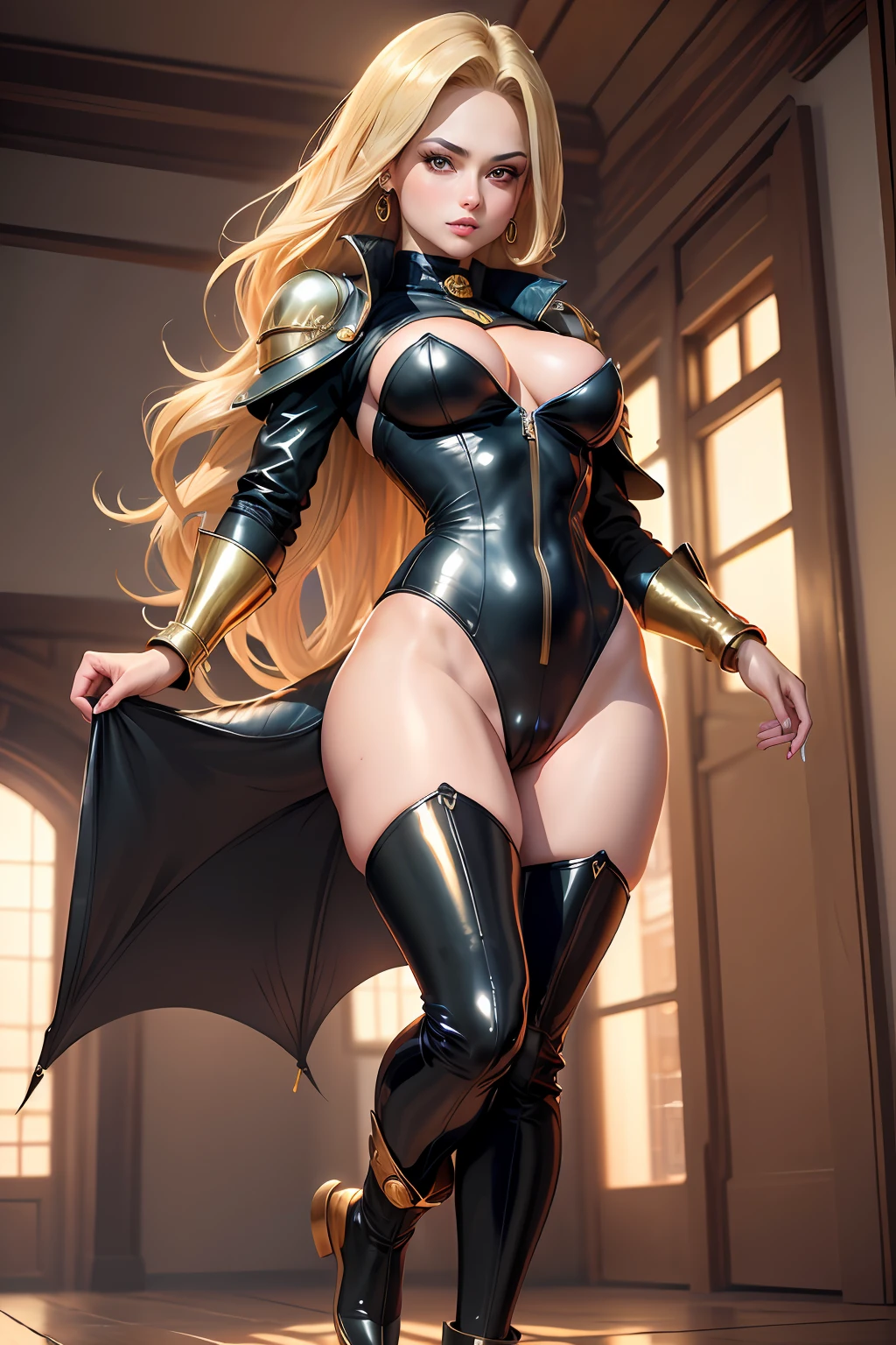 stunningly beautiful Alina Kabaeva face whit Lisa Ann body in her 20 as a pure white and very cute Tiger beast woman, black rubber suit, tattoos, Blond long wavy hair, sparkling gold big eyes, abs, great proportions, full body shot, background kaleidoscope, anime, illustration, fantasy, portrait, animification, high resolution, best quality, very high image quality, ultra detailed, hyper realistic, photorealistic