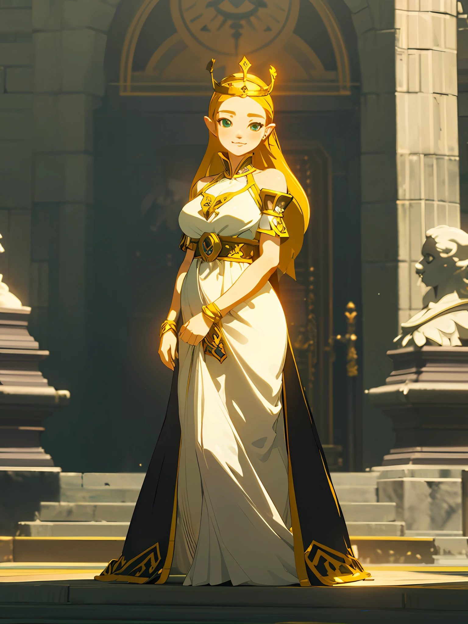 Revealing dress, 巨作, Best quality, illustration,botwstyle,1girl huge large breasts,Golden,greeneyes,queen,Smile,Thin lips,Bust