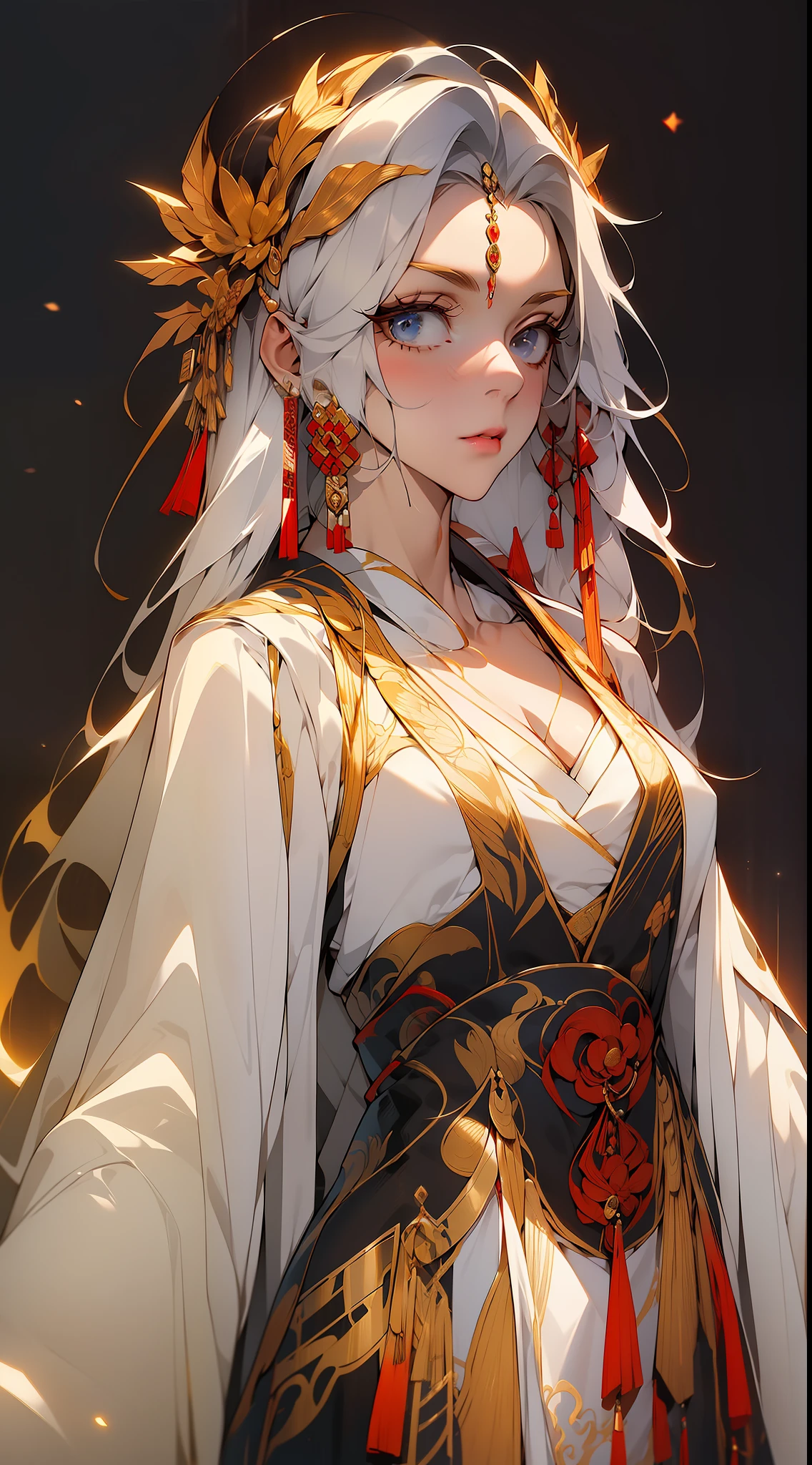 (A person),(clothing design), masterpiece, Ultimate,(a color),Ancient Chinese clothes,Western Regions clothing,gossamer,gold chains,red color Hanfu,Gorgeous headdress,Phnom Penh embroidery,gameicon,White background,masterpiece,Super-High Resolution,