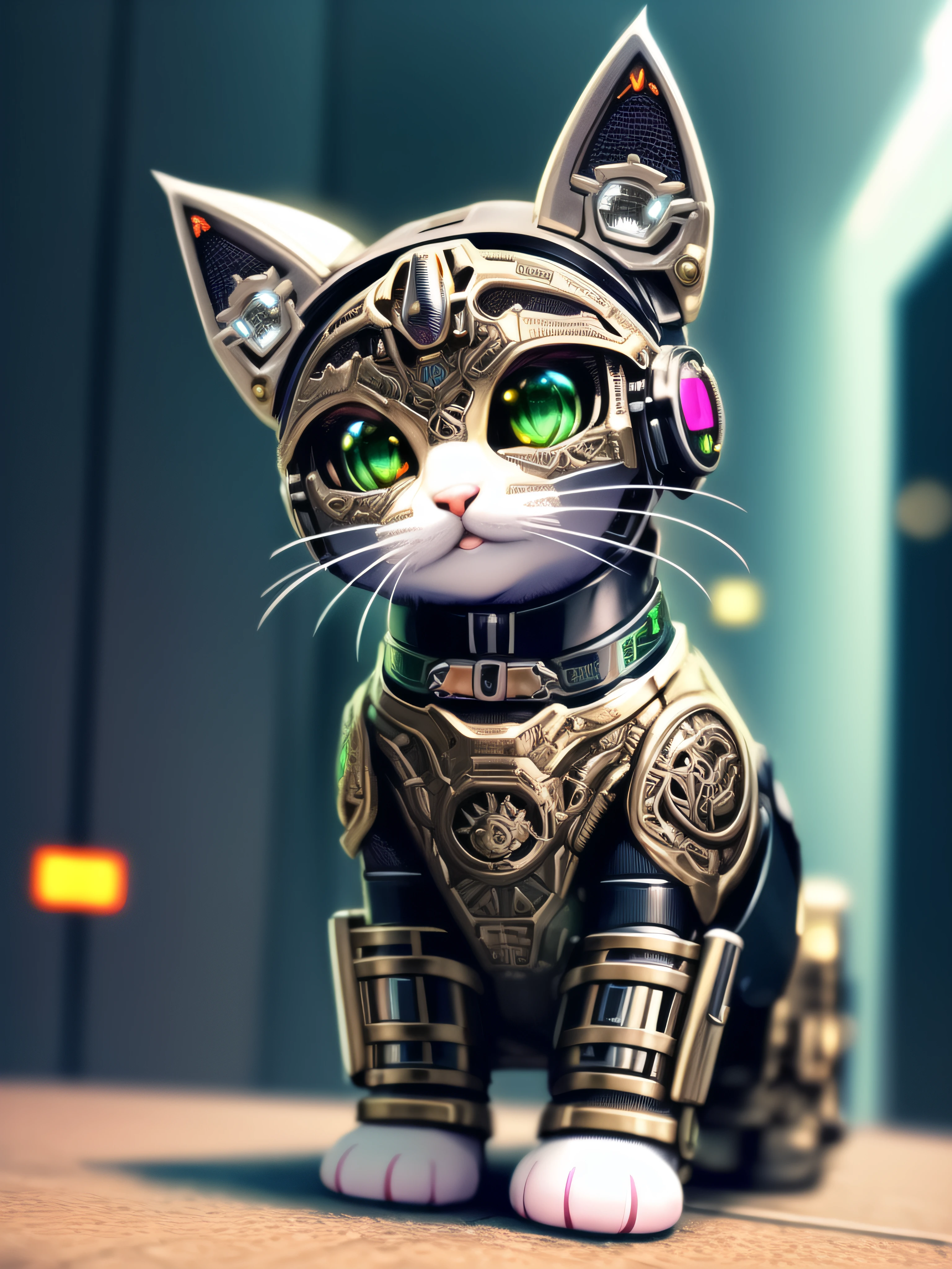 a cute kitten made out of metal, cyborg, cyberpunk style, ((intricate details)), hdr, ((intricate details, hyperdetailed)), cinematic shot, vignette