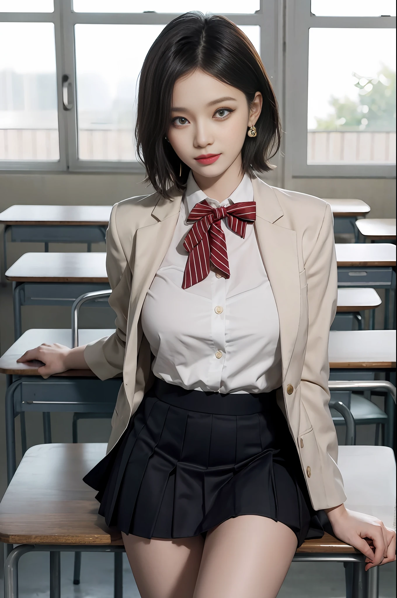 8K RAW photo, high resolution, 21 year old cool Korean, big round breasts, school uniform, tie, tie ribbon, blazer, skirt, beautiful eyes in detail, long eyelashes, beautiful double eyelids, eye shadow, slit eyes, sanpaku eyes, dark eye makeup, evil smile, beautiful thin legs, short hair gathered at the back, earrings, school classroom