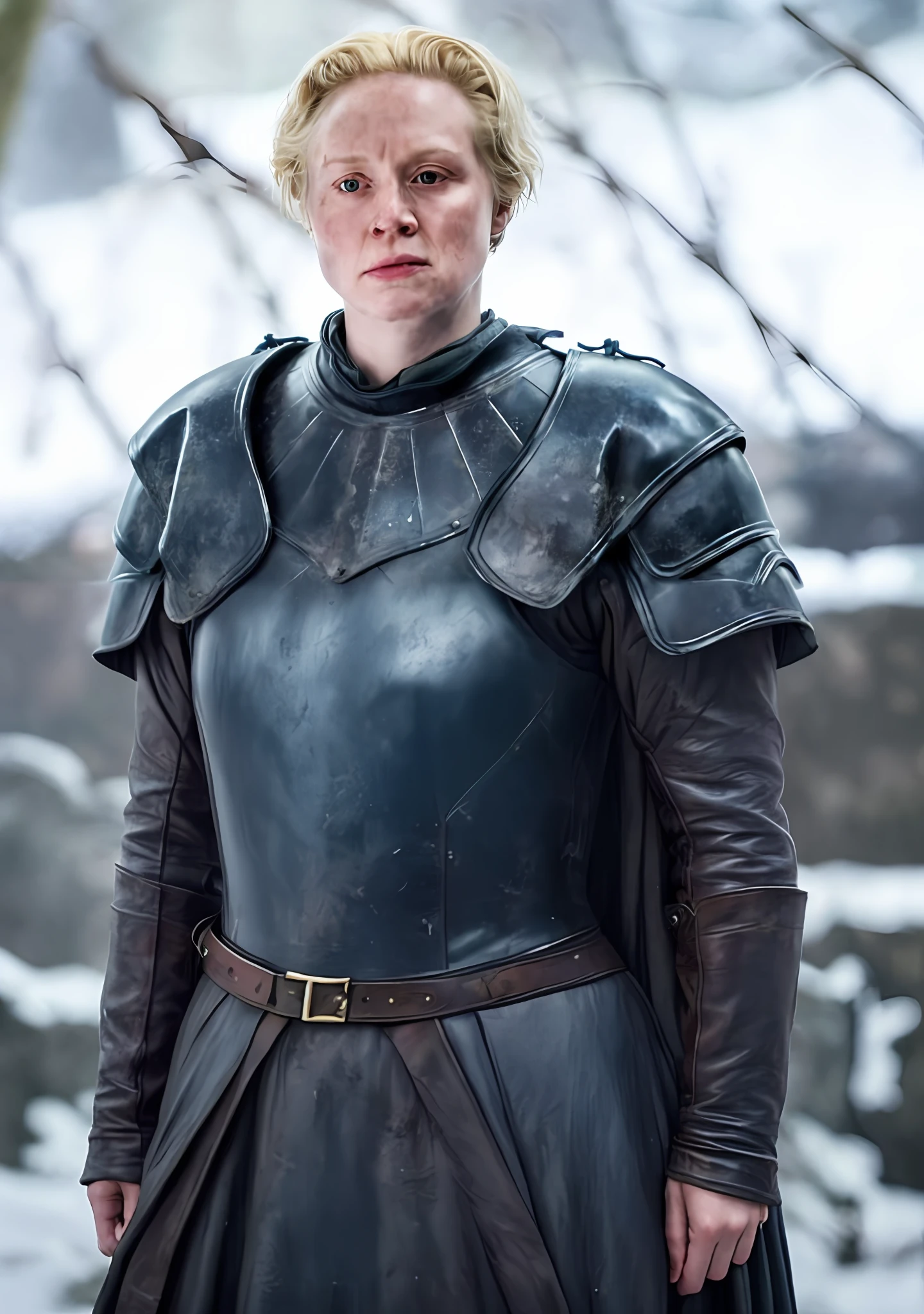 a woman in a leather armor standing in the snow, brienne of tarth, 《games of thrones》an film still, cate blanchett as medieval queen, very very very pale white skin, 《games of thrones》Still, Shot from《games of thrones》, olya bossak, very very pale white skin, annie lebovetz, sansa, 《games of thrones》Still