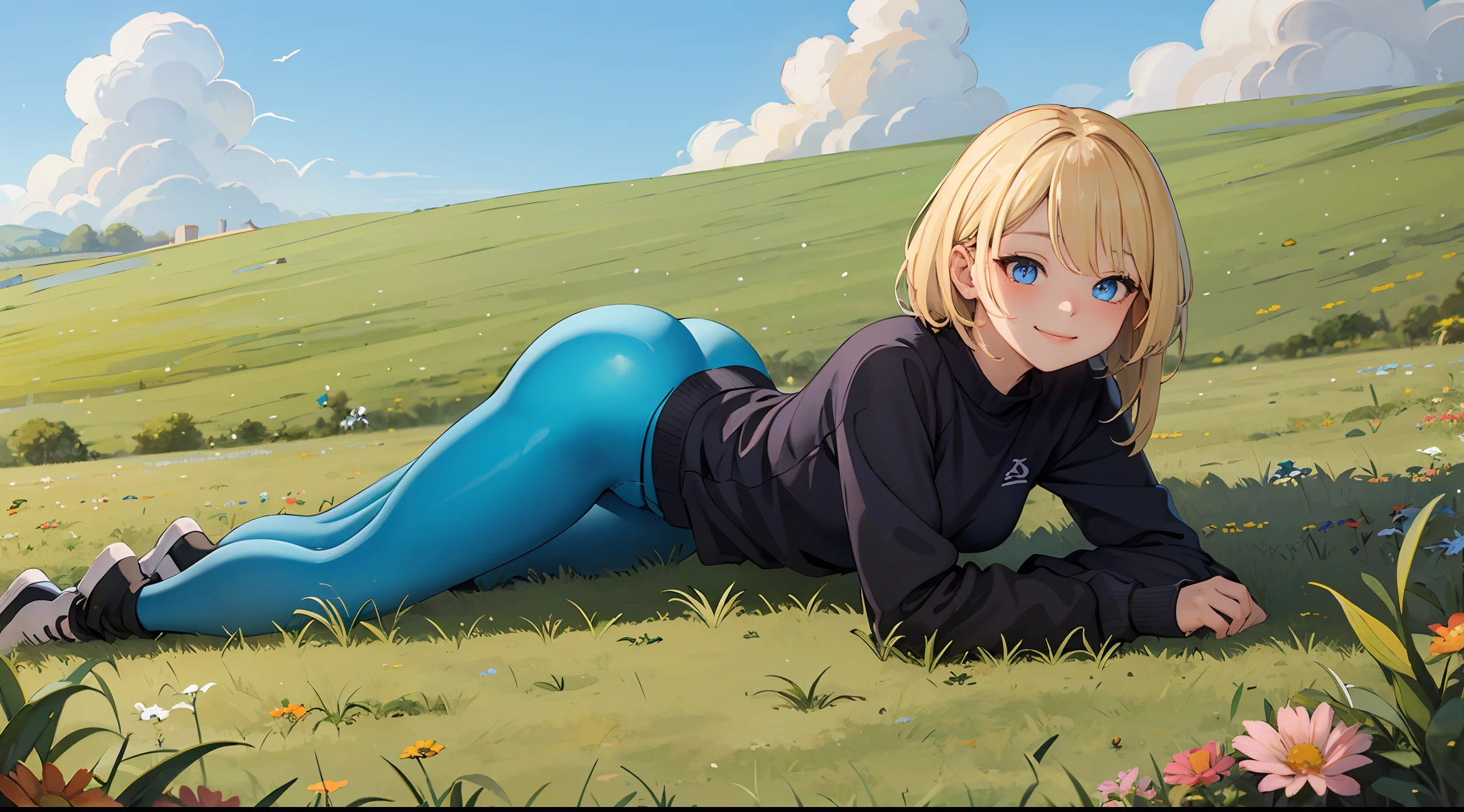 best quality, masterpiece, small breasts, smile, sweatshirt, leggings, outdoors, anime style, grass field, daytime, blue sky, blue eyes, detailed eyes, medium hair, blonde hair, loose hair, bangs, lying down, ass,