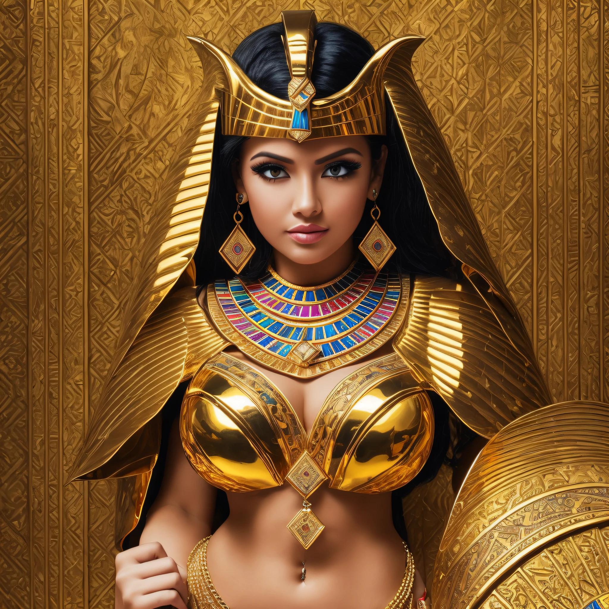 vibrant colors, girl, masterpiece, sharp focus, best quality, cinematlicilghting, detailed outfit, perfect eyes, dynamic pose, black hair, red eyes, egyptian, wide hips, mature female, medium breasts, curvy, gold egyptian jewelry, royal gold egyptian pyramid, dark skin,