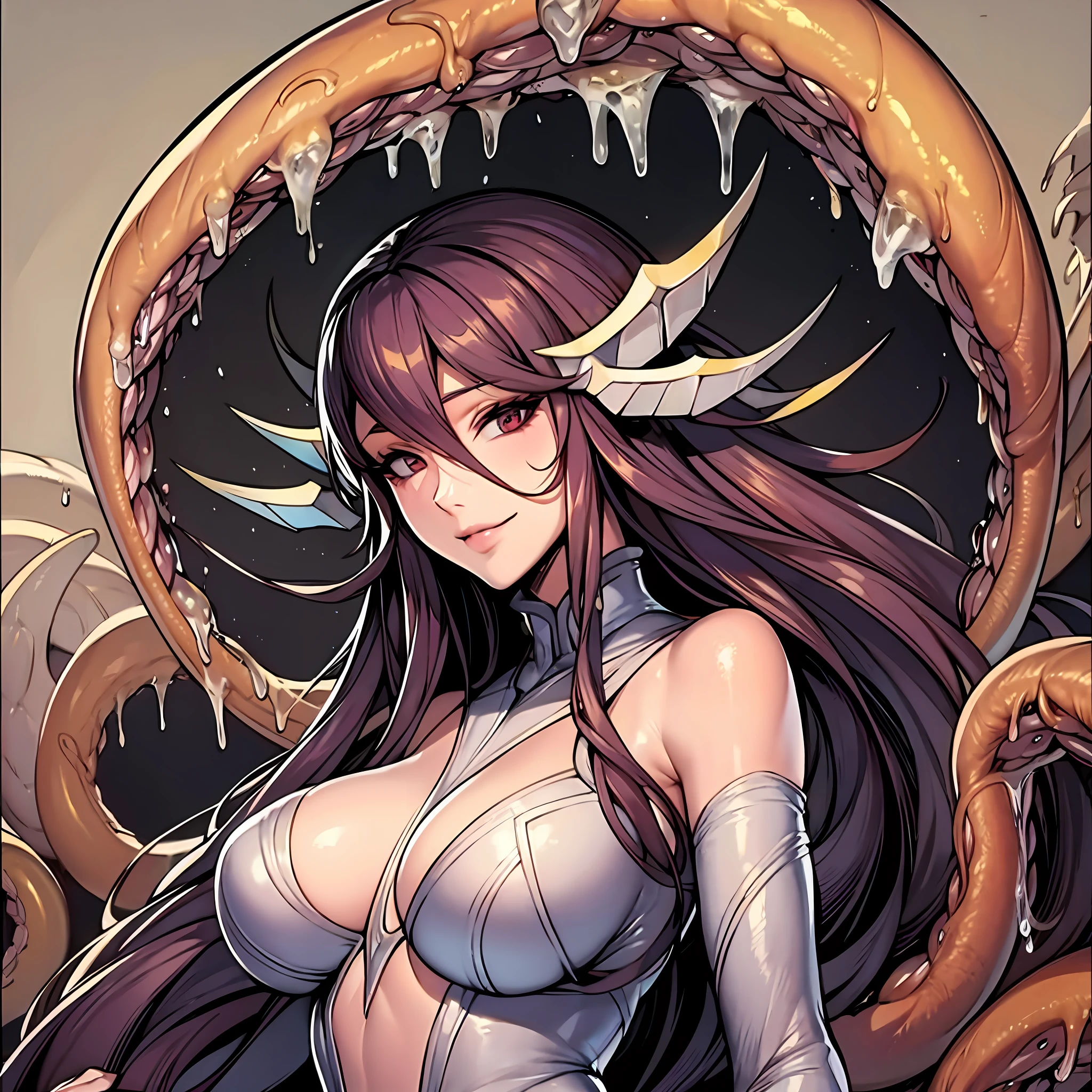 Woman wearing hot water dripping tentacles、evil smile、Lustrous tentacles、Cel Shade Adult Animation、Metroid Suit、long hair、Tentacles coalesce
