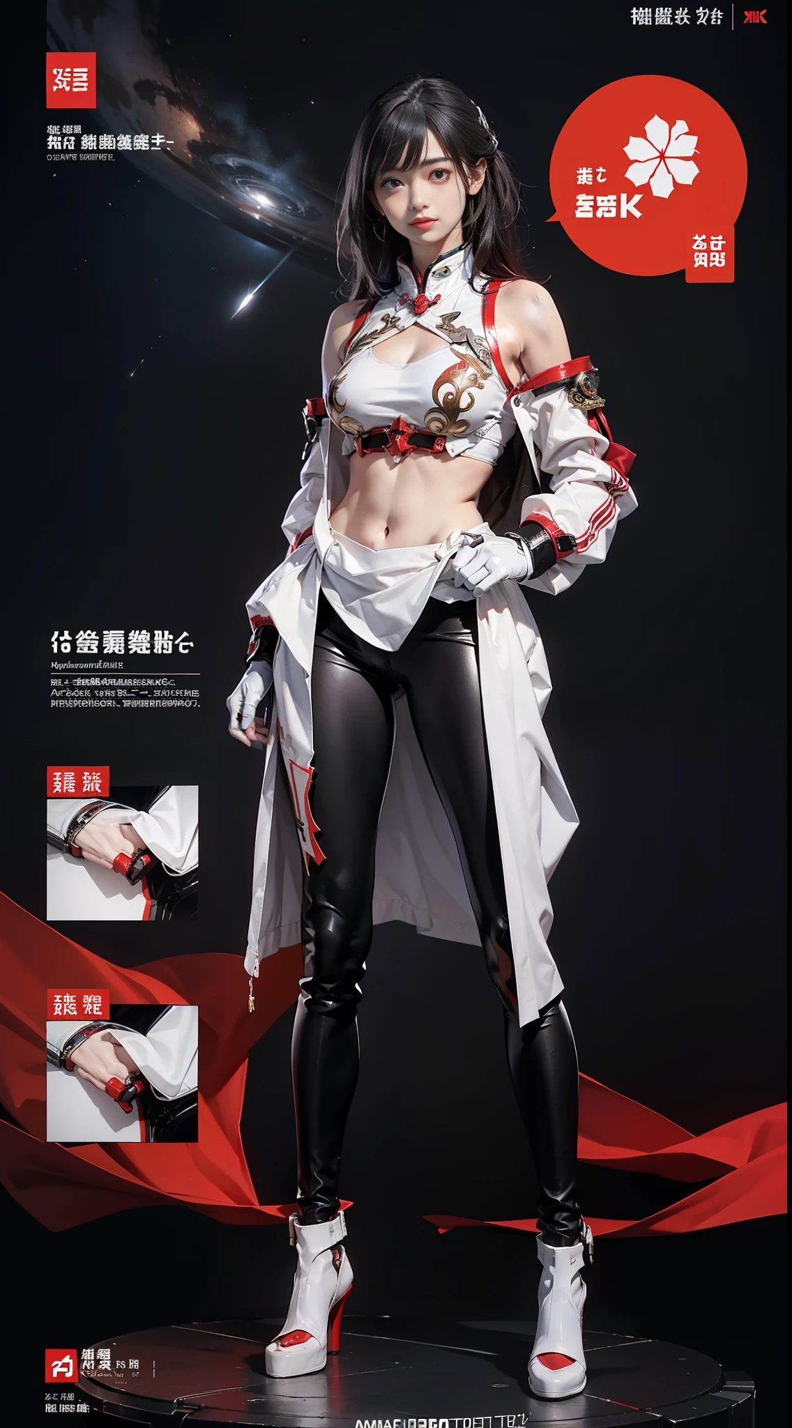 (8K，OriginalPhoto，best quailty，​masterpiece: 1.2)(realisticlying，realisticlying: 1.37) ，best quailty，Super-High Resolution，(Photo _ Mediums) ，Chinese elements，in the cosmos，Planetary background，Mechanical girl，Red patent leather mech tights，long trousers，long-sleeves，Mechanical body，Metal armor，Complex mechanics，Simple decoration，scientific fiction，afofuturism，(Combat posture) ，dynamic blur，Crooked smile，MagazineCover，