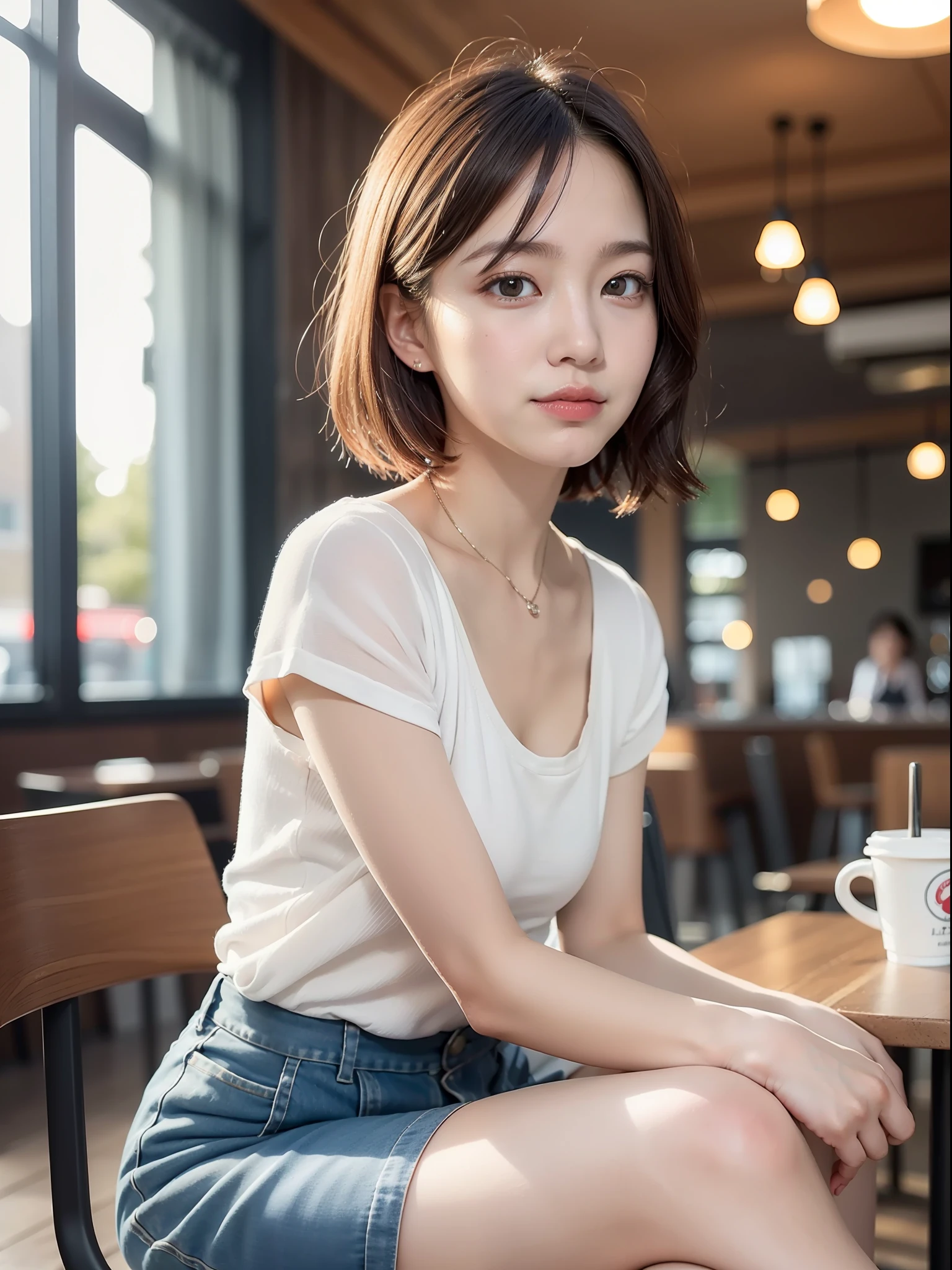 ((top quality, 8k, masterpiece: 1.3, raw photo)), Sharp Focus: 1.2, (1 aespa girl: 1.2), (Realistic, Photorealistic: 1.37), (face focus: 1.1), cute face, small breasts, flat chest, short hair, (white camisole: 1.2), business skirt, sitting, cafe, hand on cheek, from below, sunlight, movie lighting,