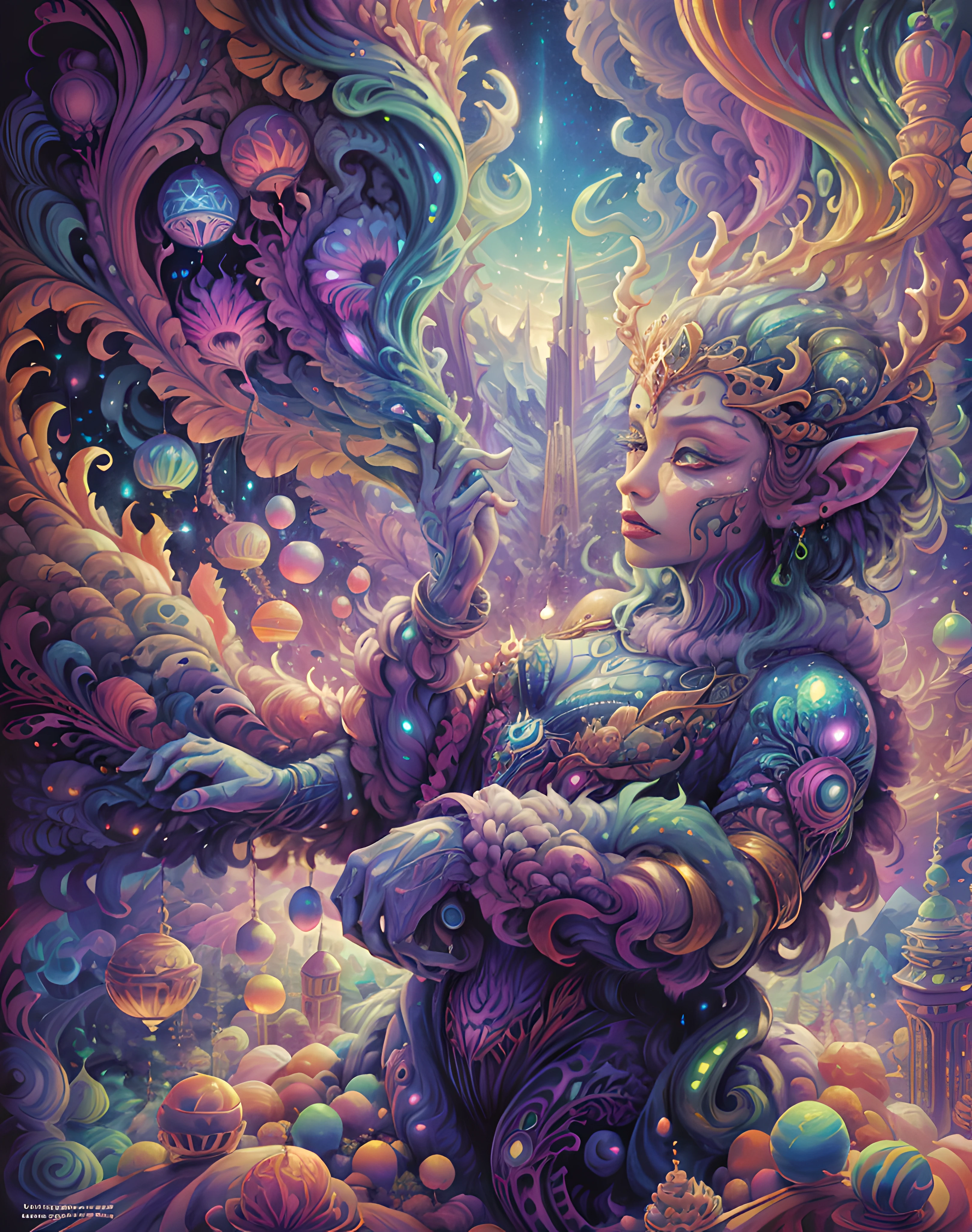 masterpiece, beautiful psychedelic entropy,best surreal masterpiece, top quality, best quality, official art, beautiful and aesthetic:1.2) , green skin godess and god standing on top of a mountain top holding eachother deer ,extreme detailed,colorful,highest detailed, official art, gold leaf ,glitter art ,unity 8k wallpaper, ultra detailed, beautiful and aesthetic, beautiful,fractal art, mystical and otherworldly, with intricate fur and piercing eyes, in the breathtaking mountain landscape of NCWinters ,alex grey ,psychedelic, dmt PsyAI