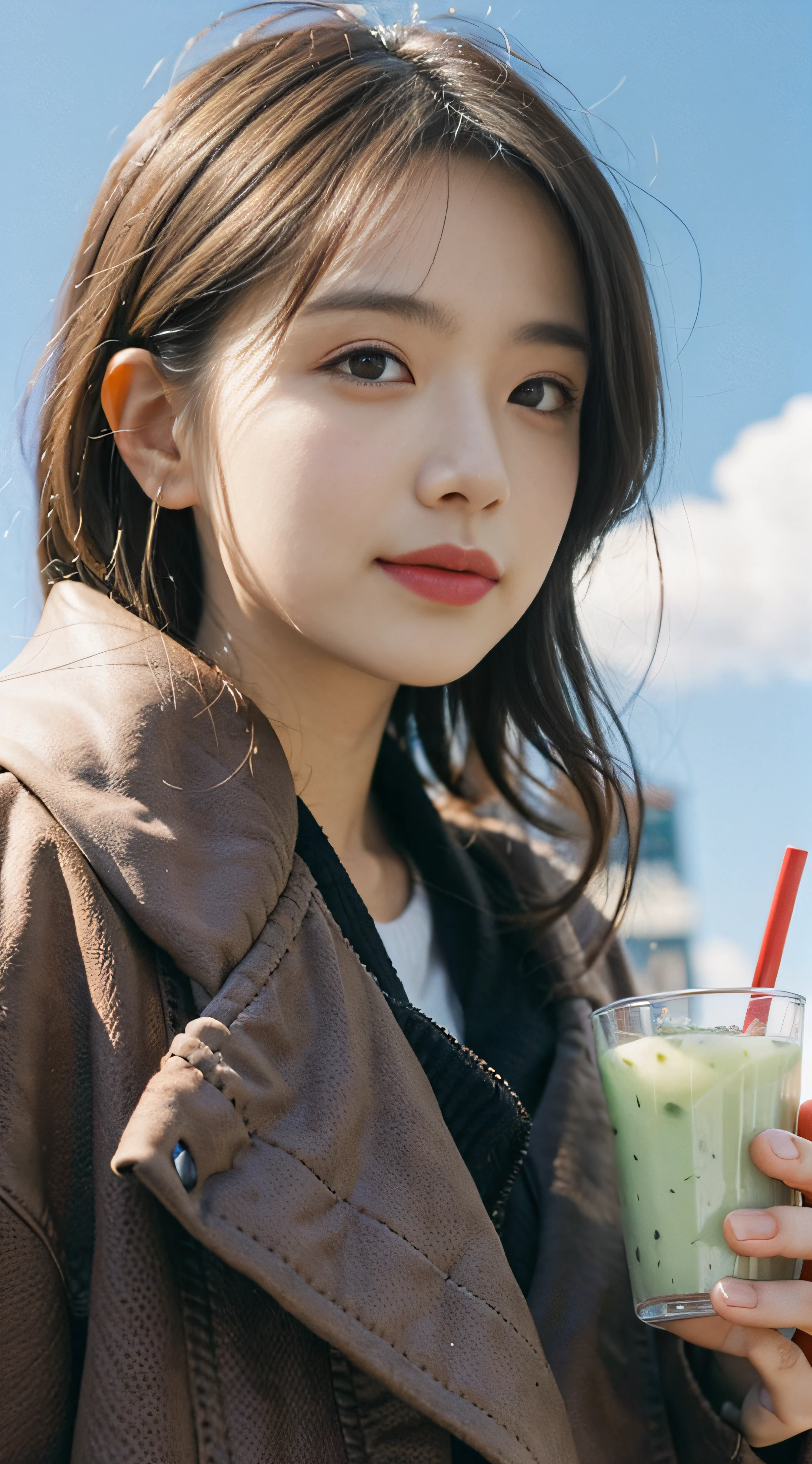 Gray sweater，Burgundy leather coat，Gray hair，Lime juice，Lime，Sunny with blue sky，beautiful cloud