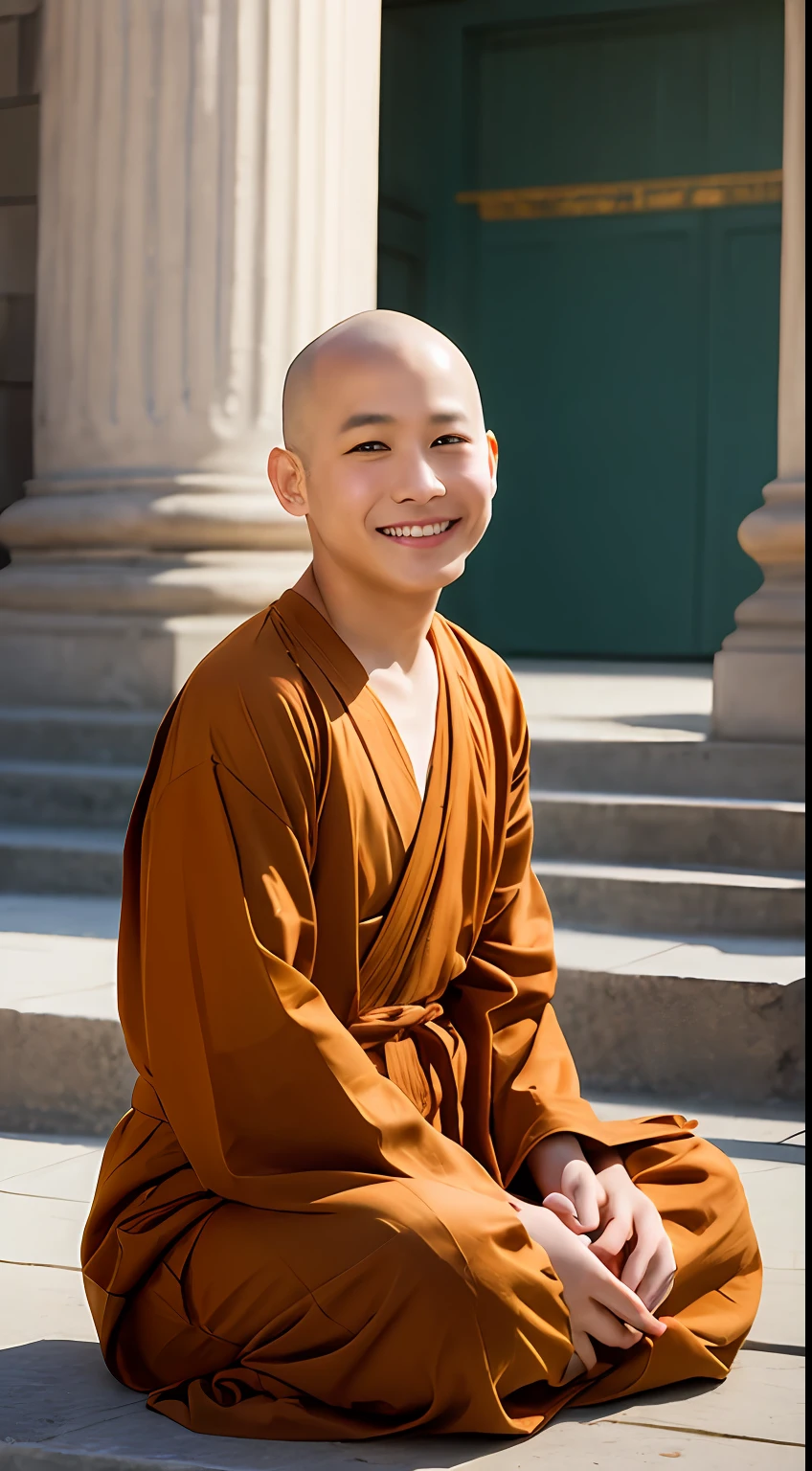 （（in the early morning， best quailty， 8k， ​masterpiece ：1.3））， fullllbody， Sit cross-legged， Sharp focus ：1.2， A young boy with，little monks ：1.4，With Buddha beads ：1.1， （（bald-headed， Monk's robes ：1.2）），  （a backdrop of，temple：1.3））， highly detailed face and skin textures， 双眼皮，ssmile