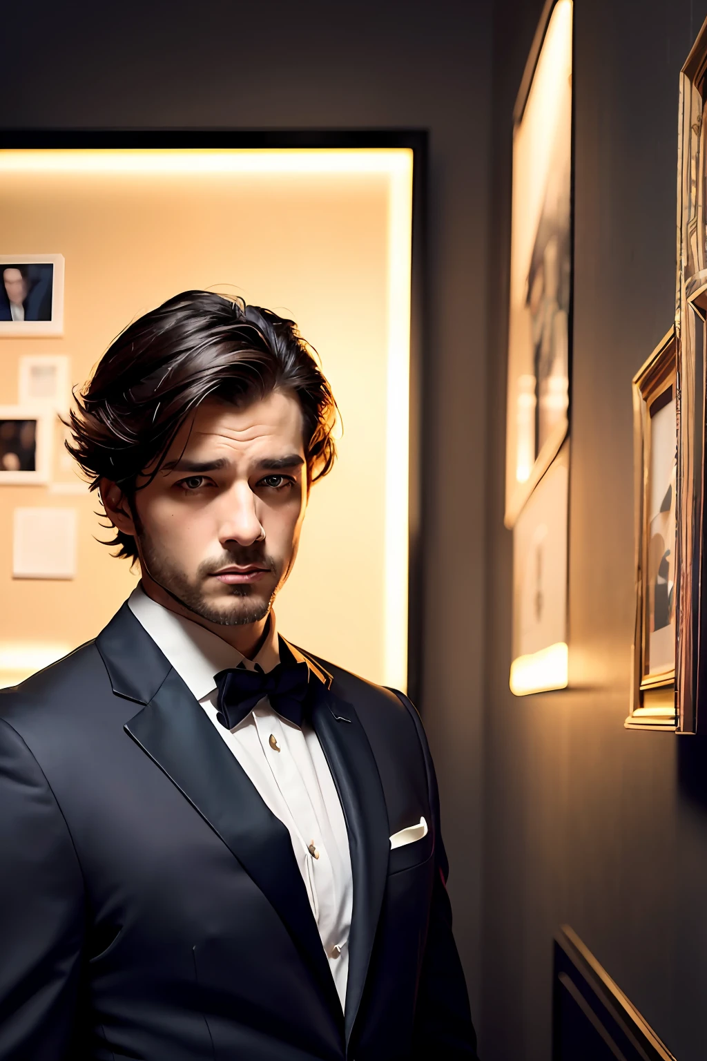Surrealist male portrait,Artistically,photographrealistic,dynamic lighting,art stations,poster for,Volumetriclighting,Very detailed faces,4 k'',Award-Awarded,Men in the workplace,Artistic photos,in the darkness nigth,deep-shadows,lowfers,Business suit,(formal clothing:1.4)