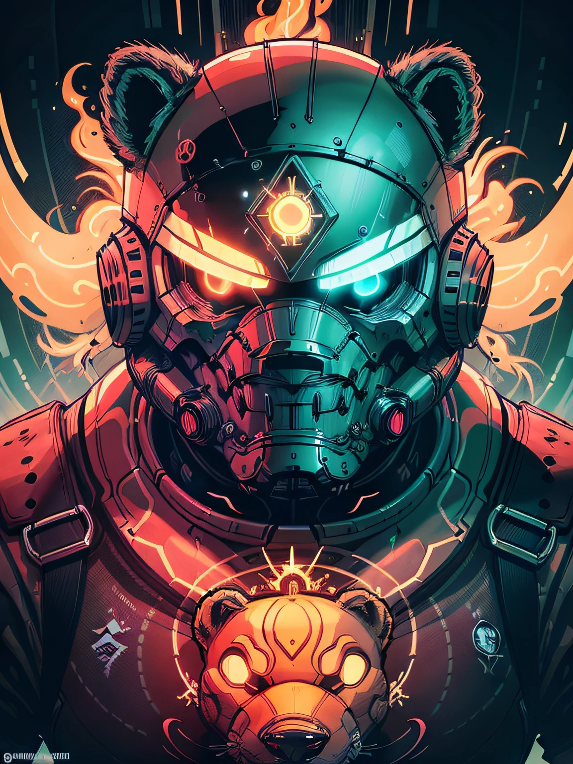 uma imagem para camiseta, utilizando um urso bravo, Elementos futuristas, Cybernate, cores nitidas, Focus on lighting, auto resolution
