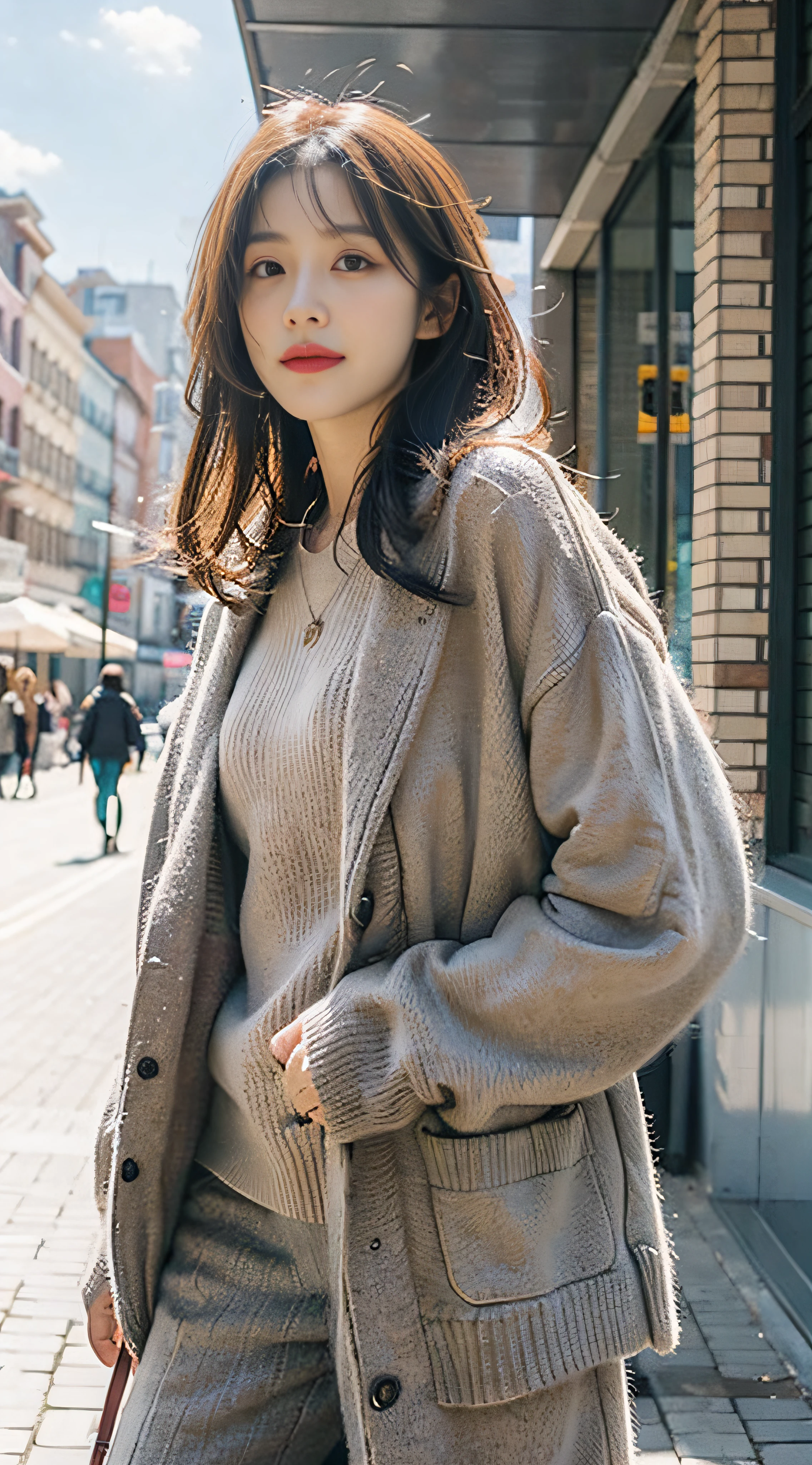 Gray sweater,Burgundy leather coat,Gray hair,length hair,Lime juice,Lime,Sunny with blue sky,beautiful cloud