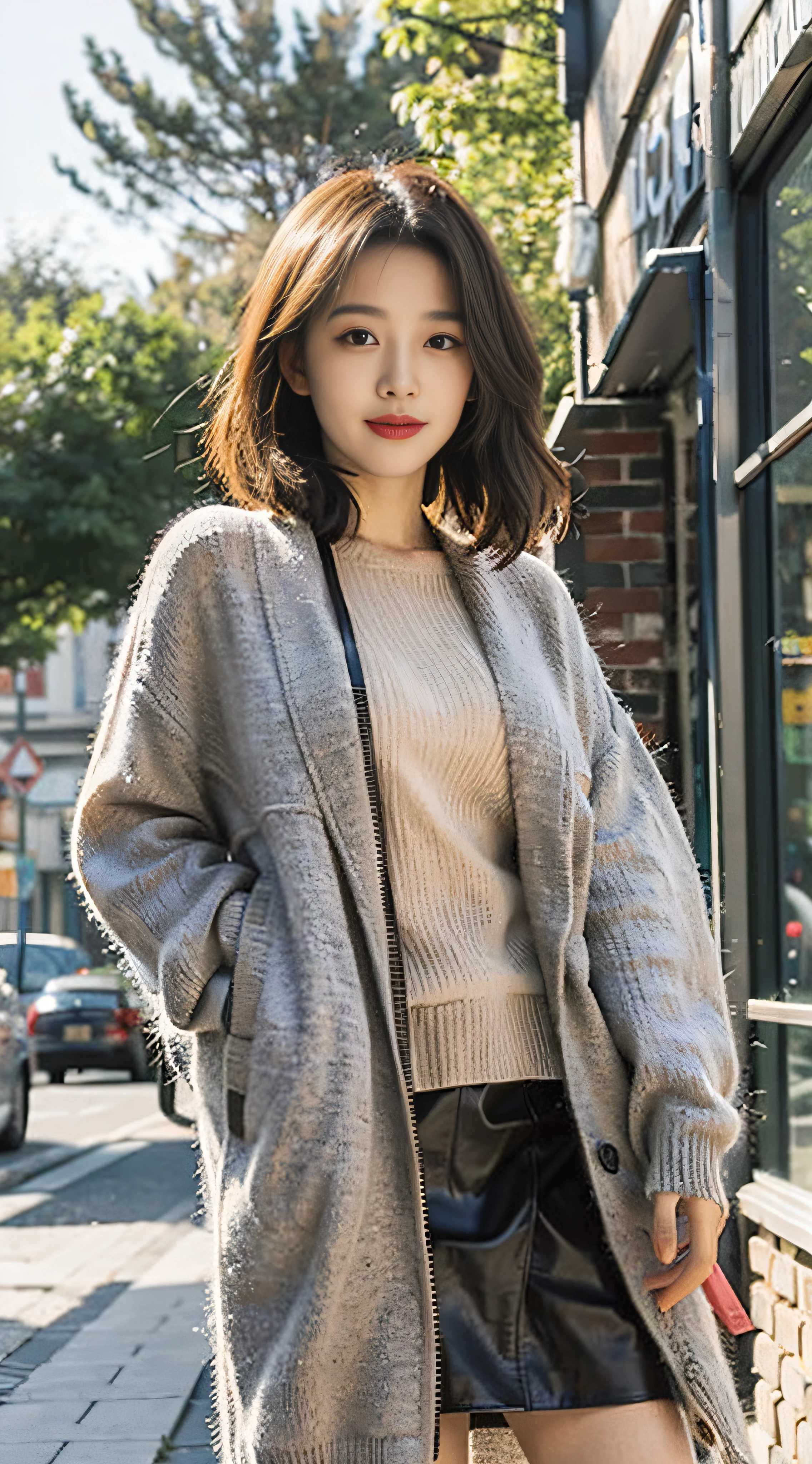 Gray sweater，Burgundy leather coat，Gray hair，Lime juice，Lime，Sunny with blue sky，beautiful cloud