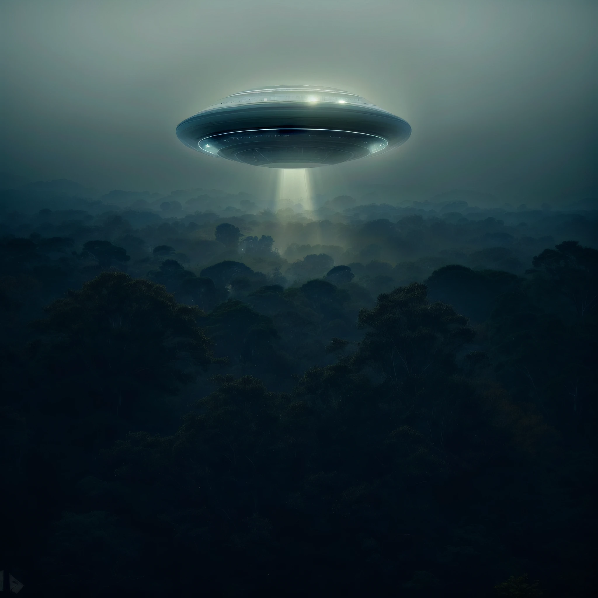ufo extremamente detalhado e realista, Standing over the dense Amazon jungle with a mysterious light, ultra qualidade de imagem, 8k