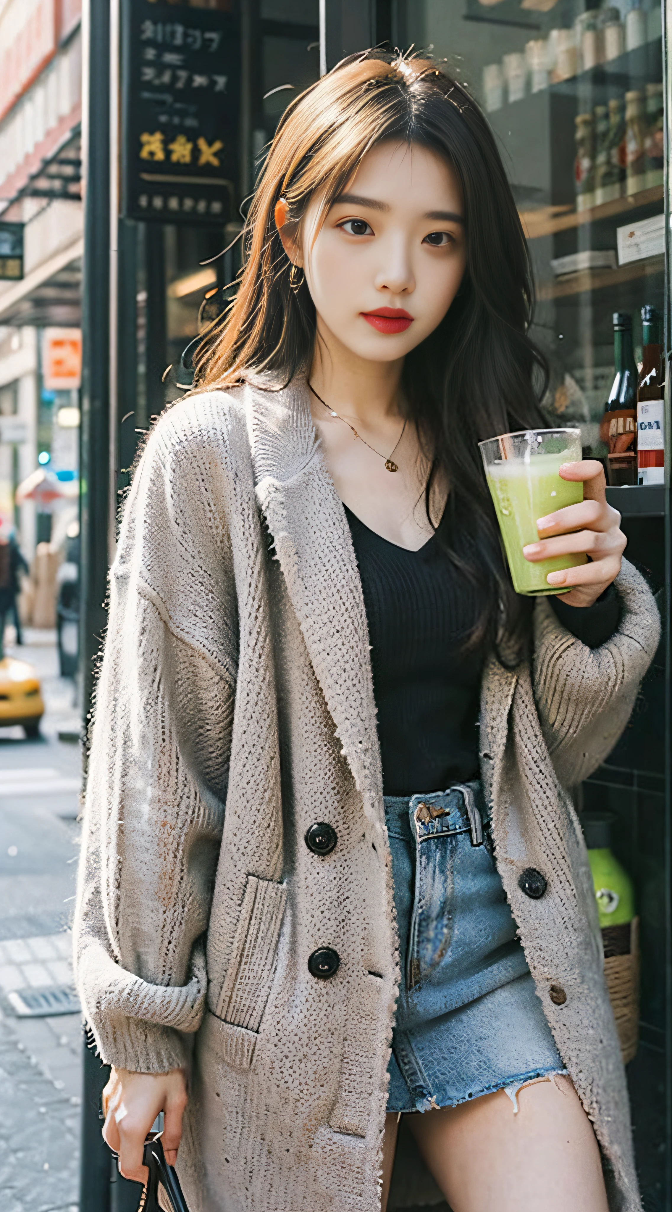 Gray sweater，Burgundy leather coat，Gray hair，Ethereal atmosphere，ice cubes，Lime juice，Lime，