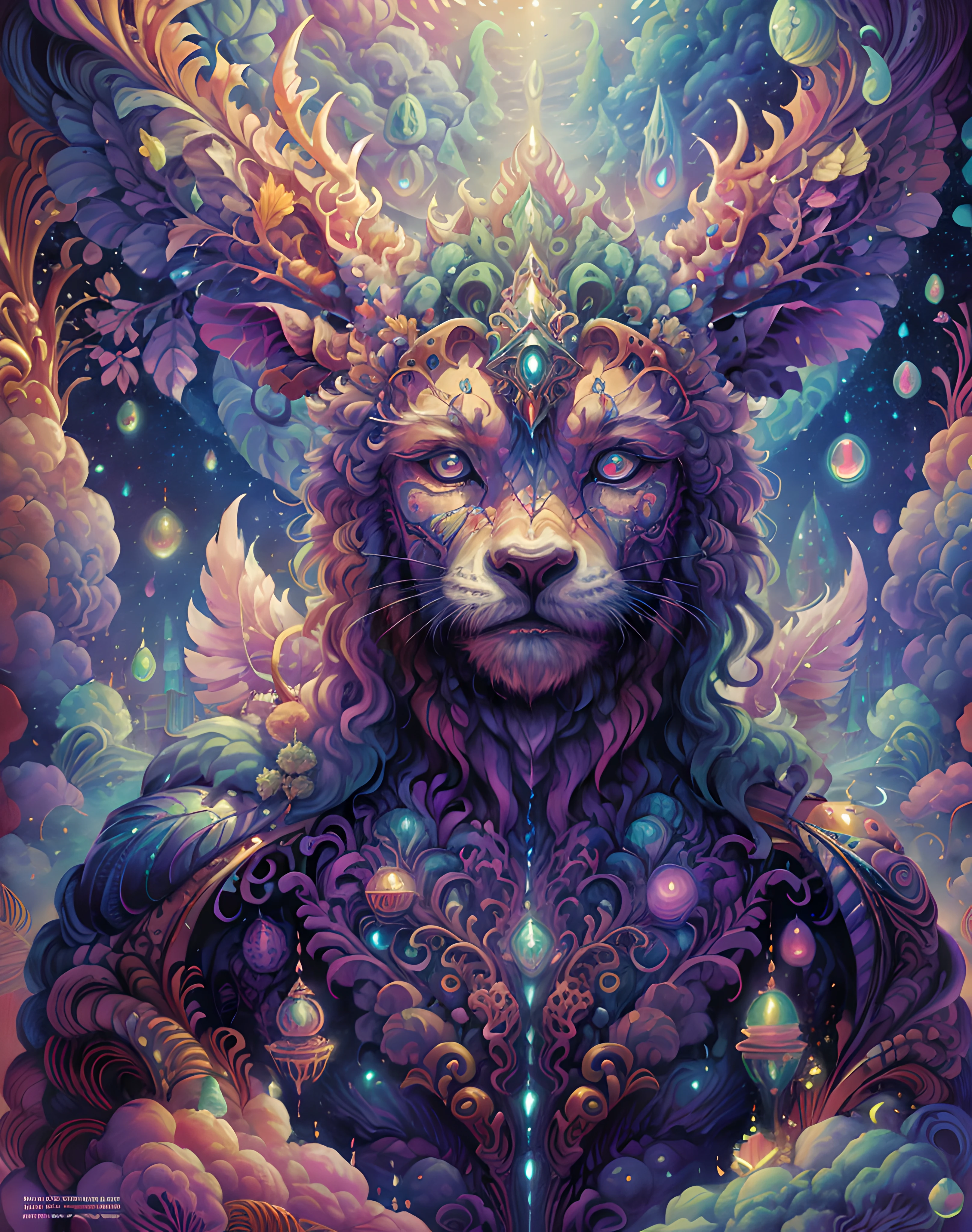 masterpiece, beautiful psychedelic entropy,best surreal masterpiece, top quality, best quality, official art, beautiful and aesthetic:1.2) , green skin godess and god standing on top of a mountain top holding eachother deer ,extreme detailed,colorful,highest detailed, official art, gold leaf ,glitter art ,unity 8k wallpaper, ultra detailed, beautiful and aesthetic, beautiful,fractal art, mystical and otherworldly, with intricate fur and piercing eyes, in the breathtaking mountain landscape of NCWinters ,alex grey ,psychedelic, dmt PsyAI