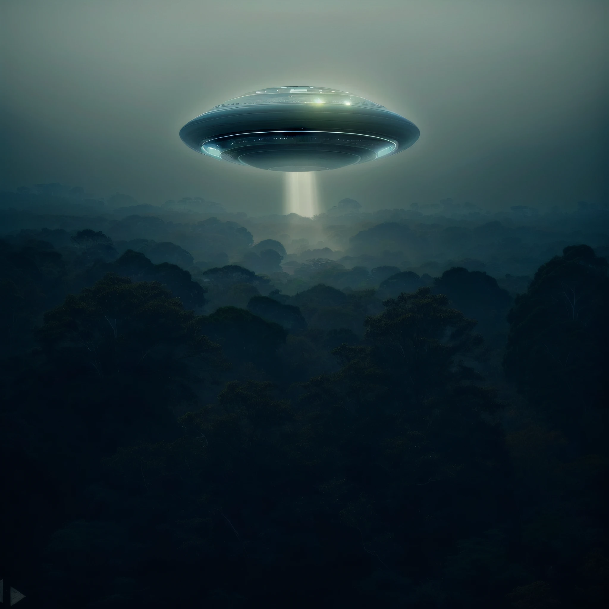 ufo extremamente detalhado e realista, Standing over the dense Amazon jungle with a mysterious light, ultra qualidade de imagem, 8k