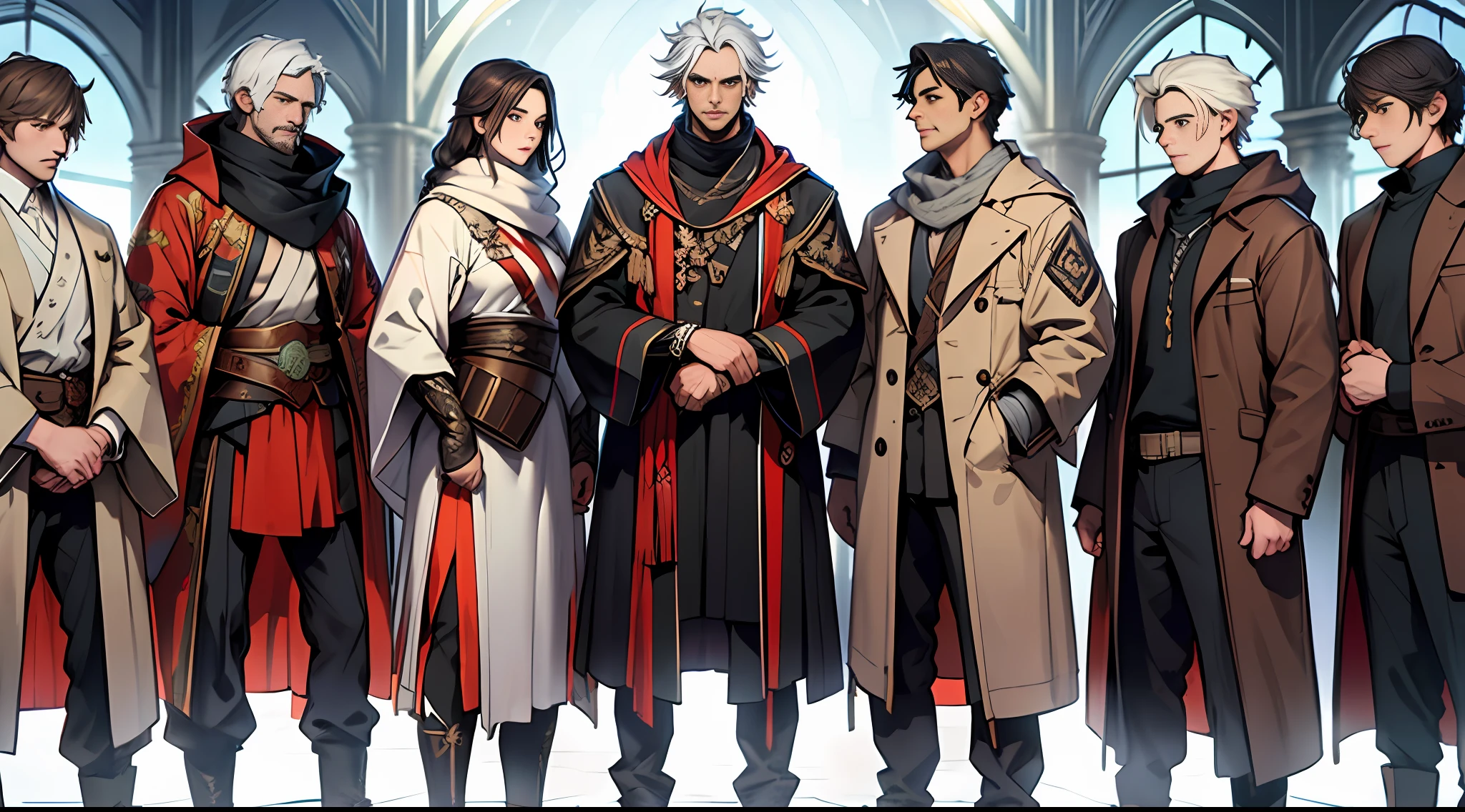 Best quality, 巨作, Super detail, A tall man standing in the center of the Spirit and Goodness team, surrounded by a group of reliant companions, Determined gaze，There was an expression of hope and anticipation on his face.