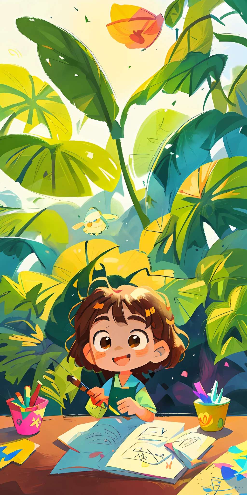 A little girl with a bright smile holding a glowing paintbrush！It is used in many colored pencils，Surrounded by brushes and paints of various colors，Warm sunlight sprinkles on it，There are a lot of monstera，Added a playful vibe， --v6