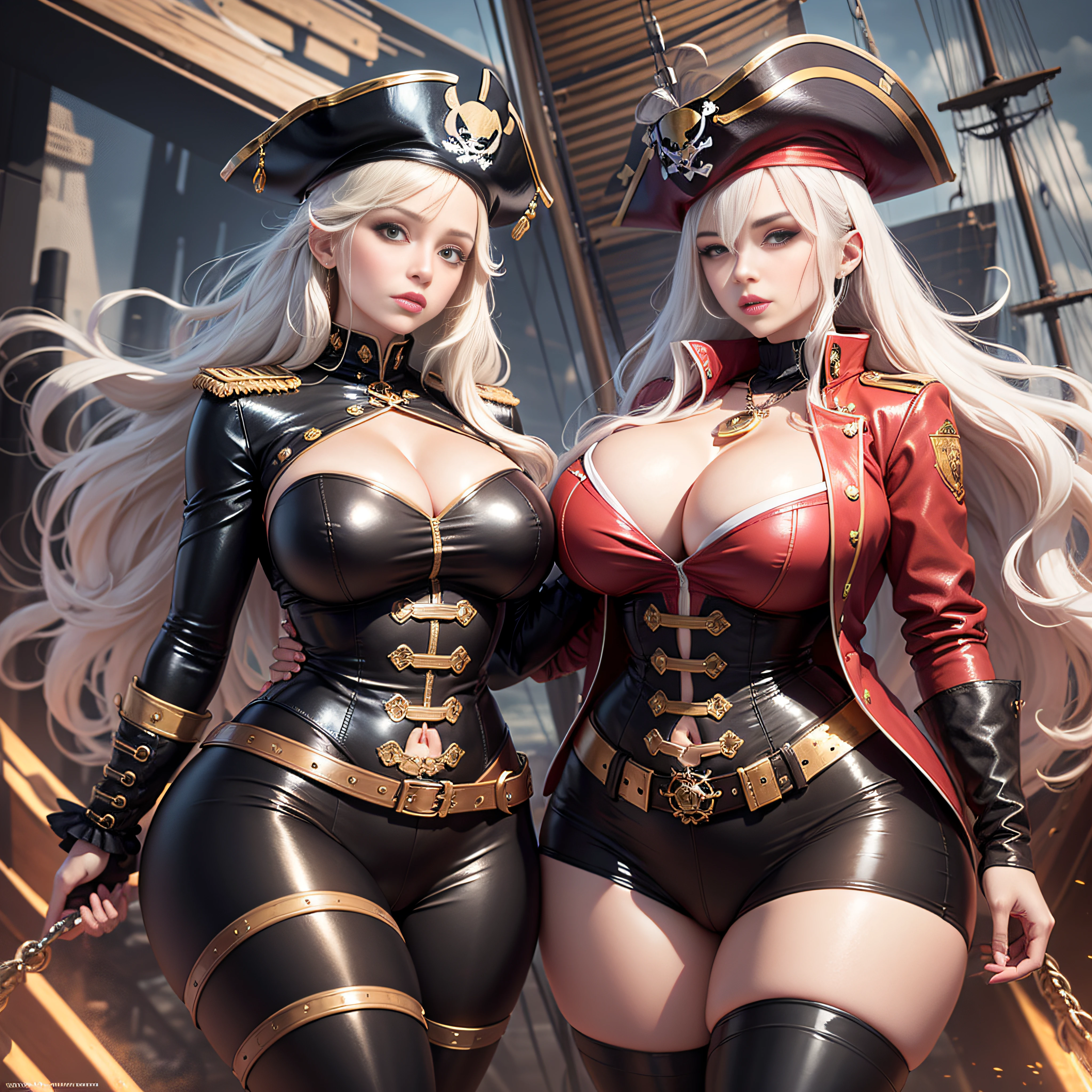 pirate captain outfit with pirate hat, red jacket with gold tassels, white frilly blouse, black pants, brown thigh high boots, eye patch, massive breasts, massive hips, massive thighs, massive calves, slender waist, hourglass figure, shiny black pantyhose, piloting a wooden ship, detailed eyes, leggings, kissing each other, 4K high resolution
