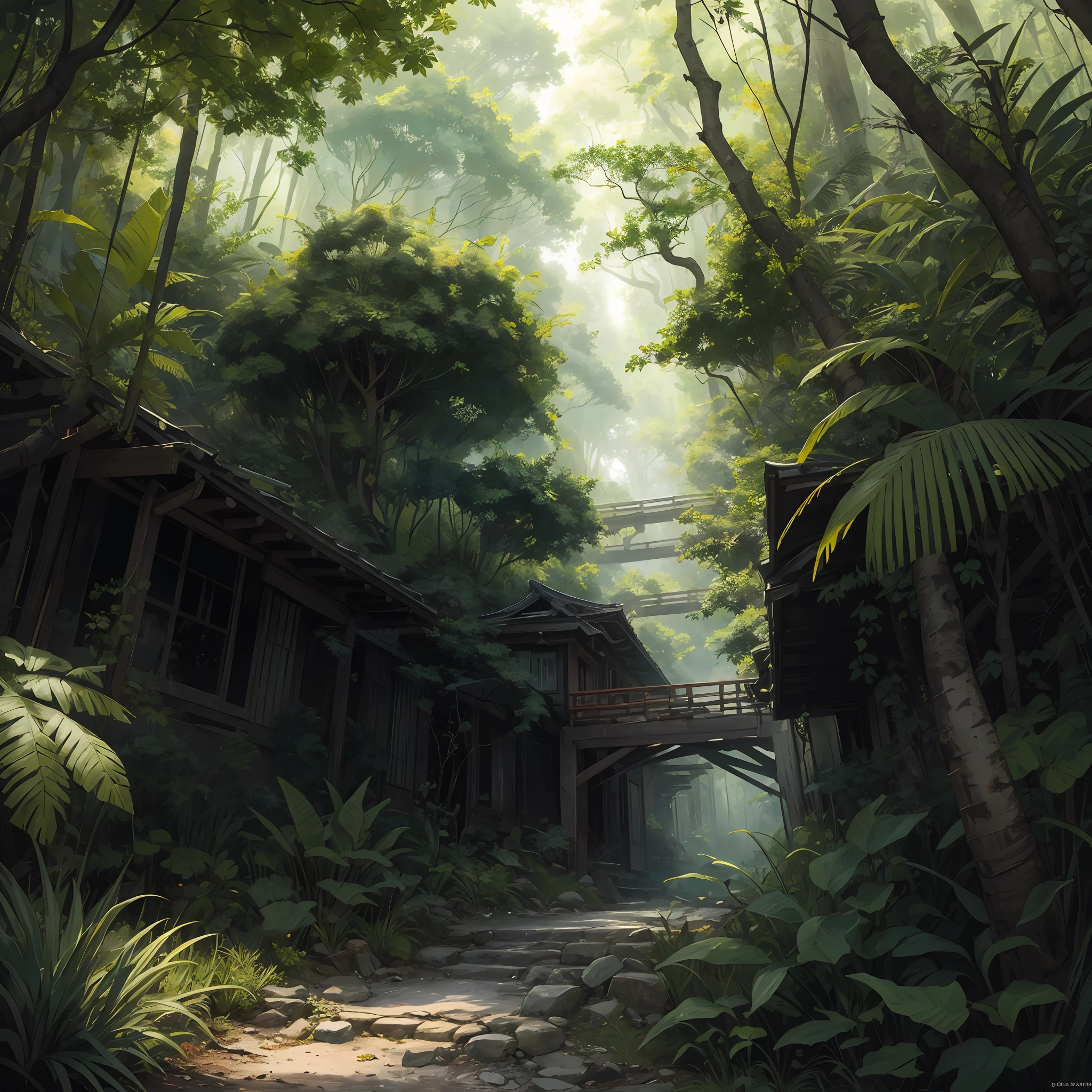 A detailed and intricate digital illustration of a dense jungle full of exotic flora and fauna, with sunlight filtering through the canopy creating a dappled effect. Yoshitaka Amano and Hayao Miyazaki&#39;s style, masterpieces, proportions, details, art station trends, beautiful lighting, realistic, intricate, award winning, 4k, highest quality award winning, 4K digital painting in the style of Yoshitaka Amano. A detailed and intricate depiction of the zombie apocalypse, masterfully capturing the chaos and drama of the scene. Beautiful lighting and cinematic composition make this piece a true masterpiece, trending on artstation
