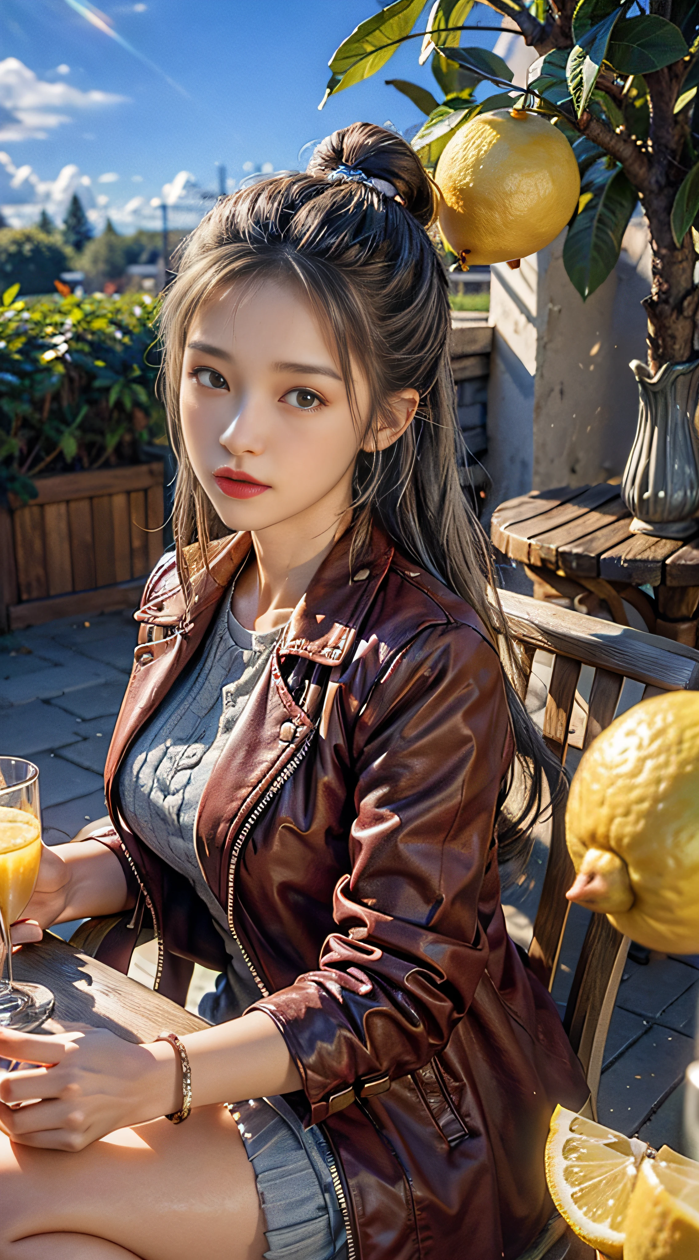 Gray sweater,Burgundy leather coat,Gray hair,Lemon tree in background,Sunny with blue sky,beautiful cloud,Floating lemon slices,A large glass of lemon juice on the table