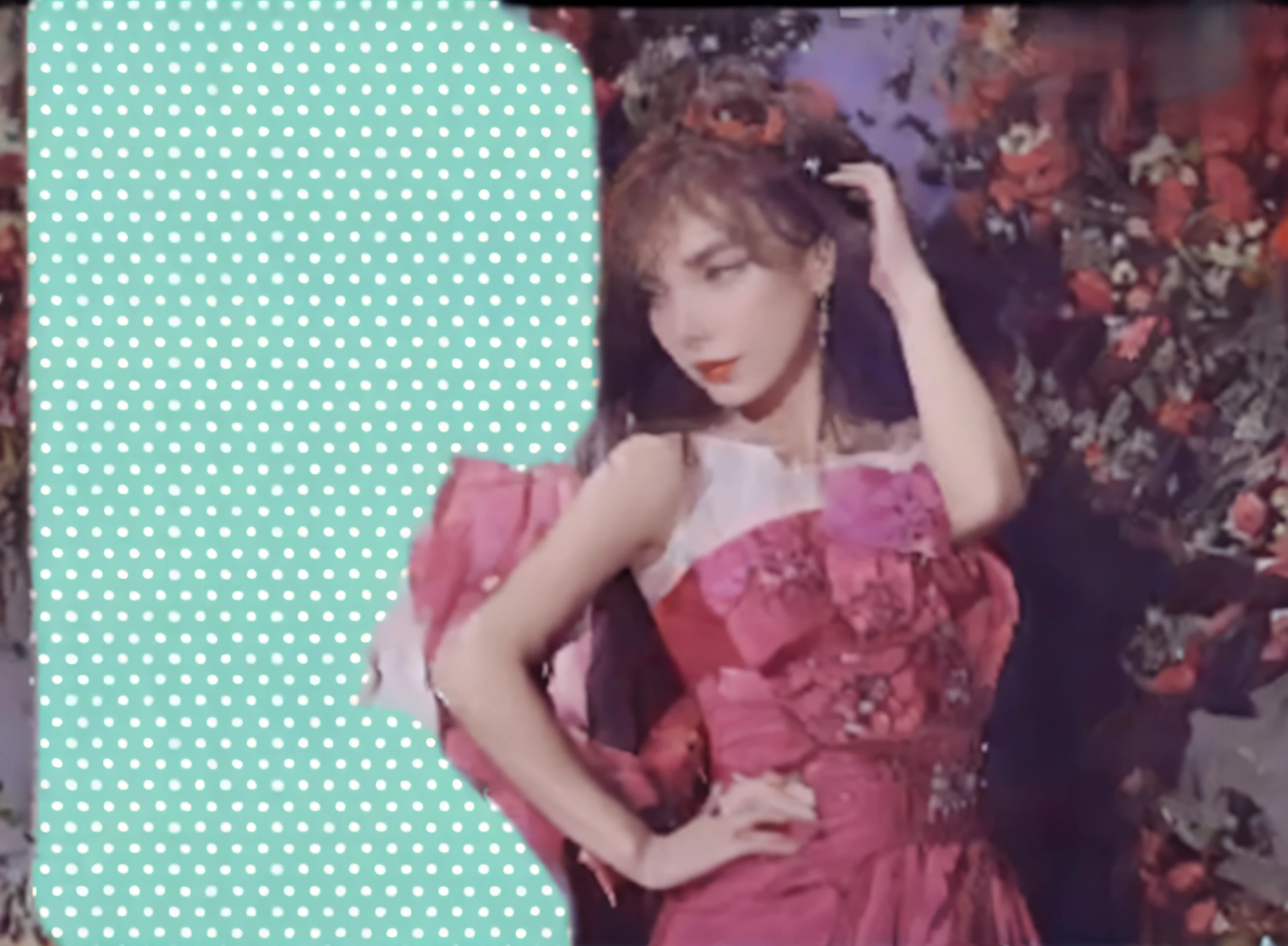 there is a woman in a pink dress posing for a picture, part petra cortright, in style of petra collins, petra cortright, leaked photo, video still, still from a music video, cursed image, ( collage ), leaked, smooth in _ the background, in style of nan goldin, bjork aesthetic, wearing a red cheongsam, photomontage