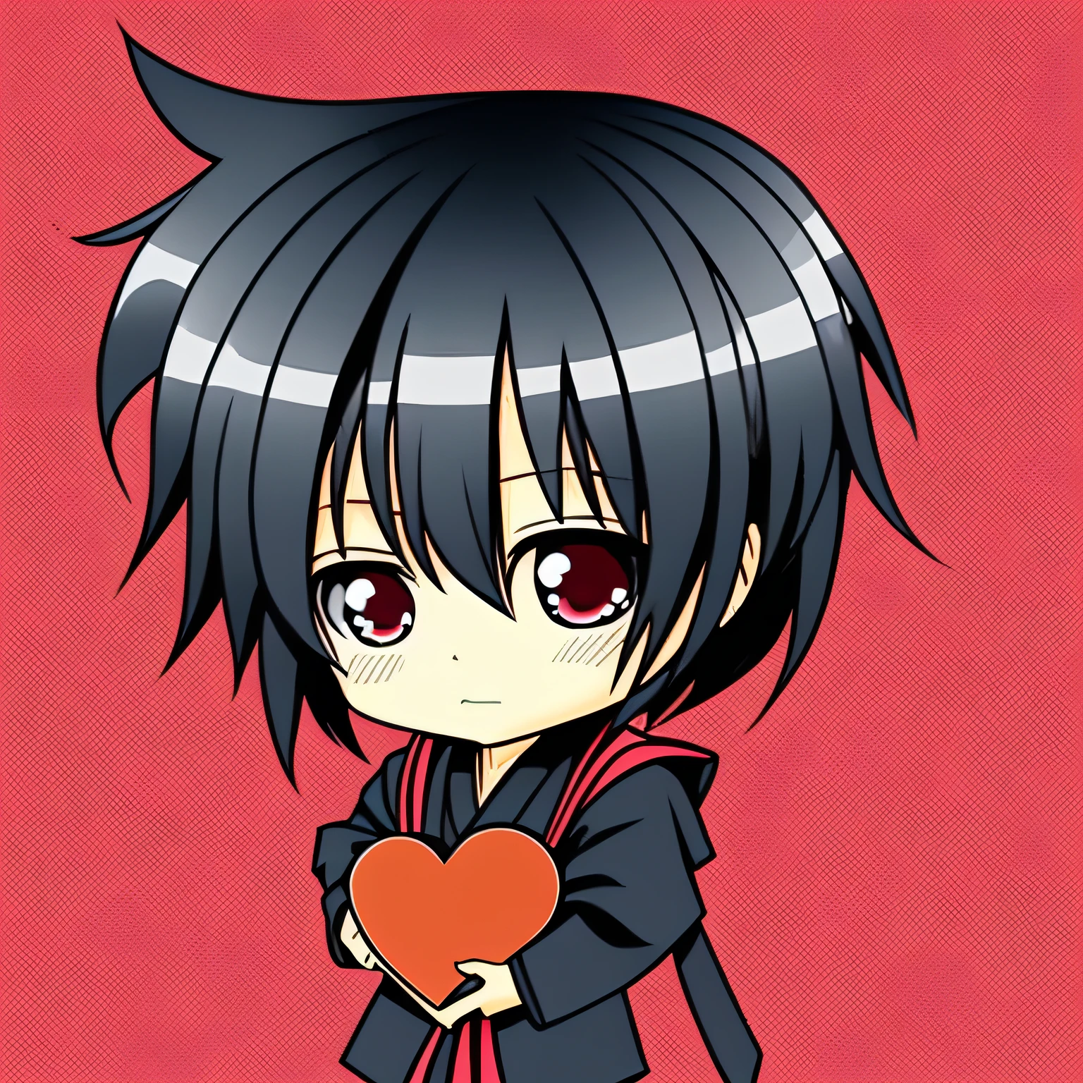 kurosaki bankai ichigo cartoon, Chibi, roupa preta e vermelha, ((Holding a heart)), Heart in hand, Feliz