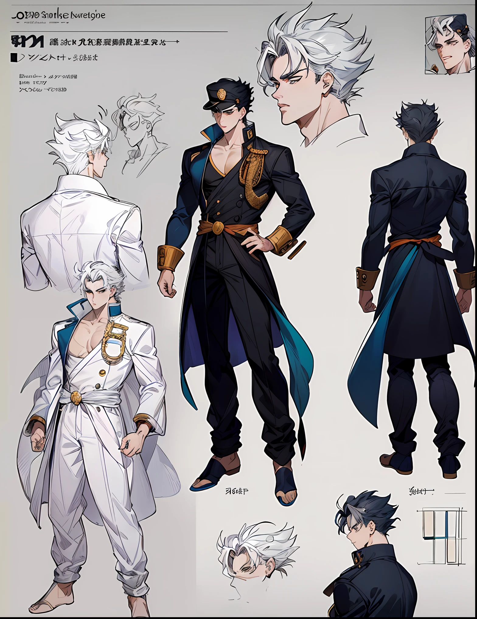 ((masterpiece)),(((best quality))),(character design sheet, same character, front, side, back), 1boy, solo, Goku, Jotaro, masterpiece, best quality, looking around, full body, 180cm tall, detailed, concept art, character concept art, character sketch, reference sheet, character sheet,
(simple background, white background: 1.3)